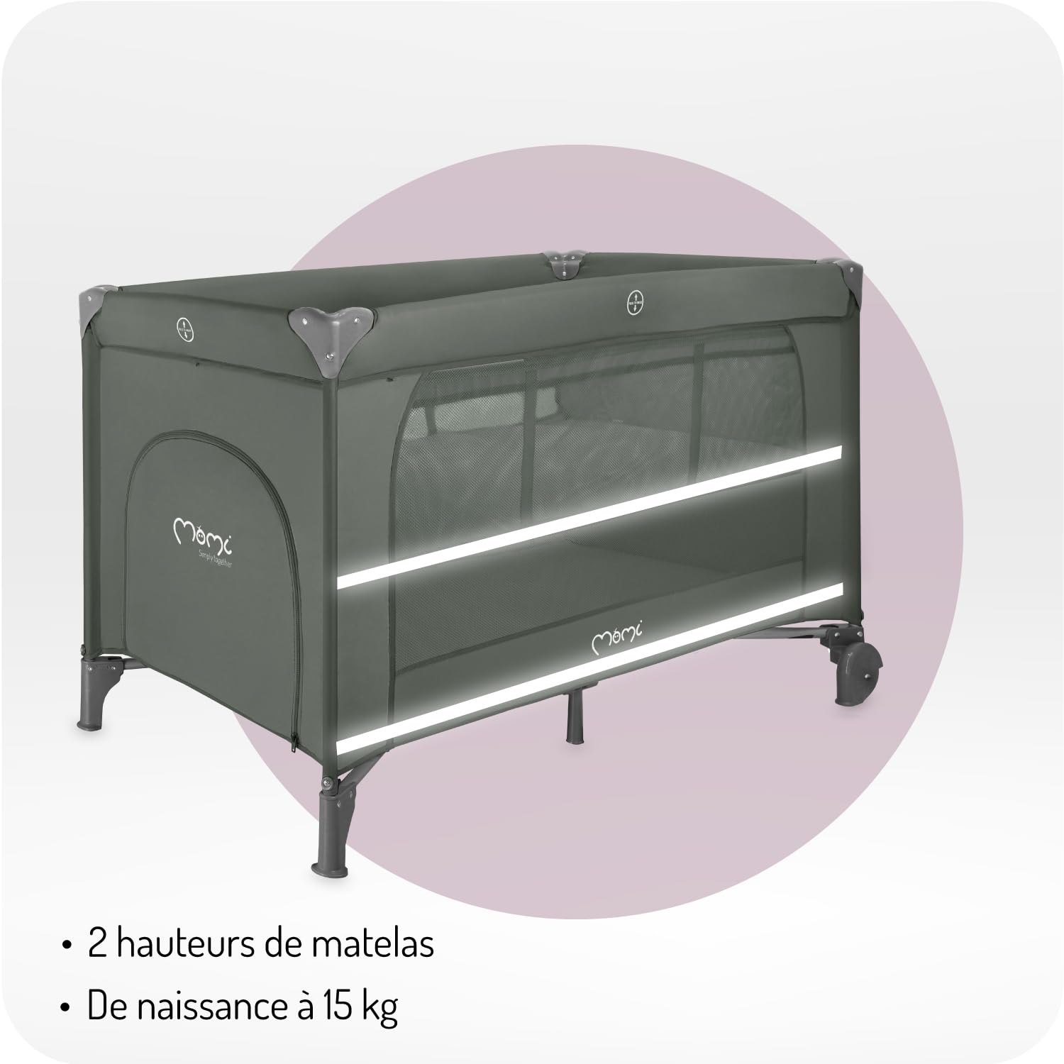 Momi Lit de Voyage BELOVE Plus 2 en 1, Pliable, 2 Niveaux de Couchage pour bébés Jusqu’à 9 kg et Enfants Jusqu’à 15 kg, avec Matelas, Barre de Jeu, Matelas à Langer et Sac de Transport