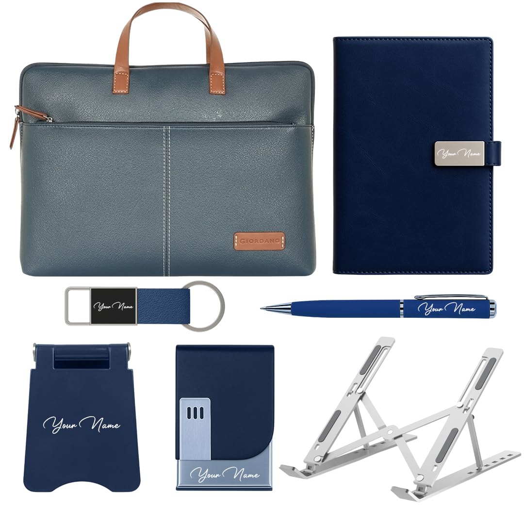 Giftana 7 in 1 Laptop Bag with Personalized Diary & Pen, Keychain, Card Holder, Mobile Stand, Laptop Stand Set, Customized Gift for Husband, Employee Welcome Kit, Corporate Gift for Employees (Blue)