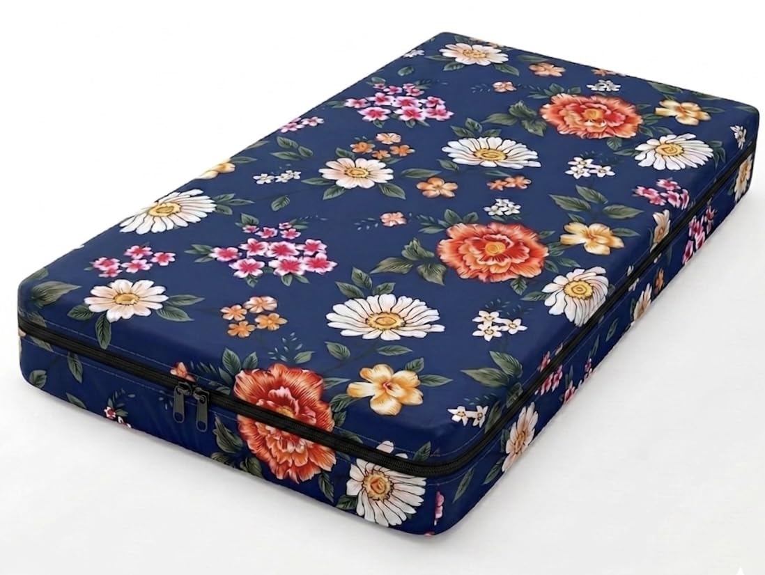 Floral Printed Cotton Mattress Cover with Zip, Navy Blue, 72x36x6 Inch, Heavy Fabric, Double Metal Lock-image-49