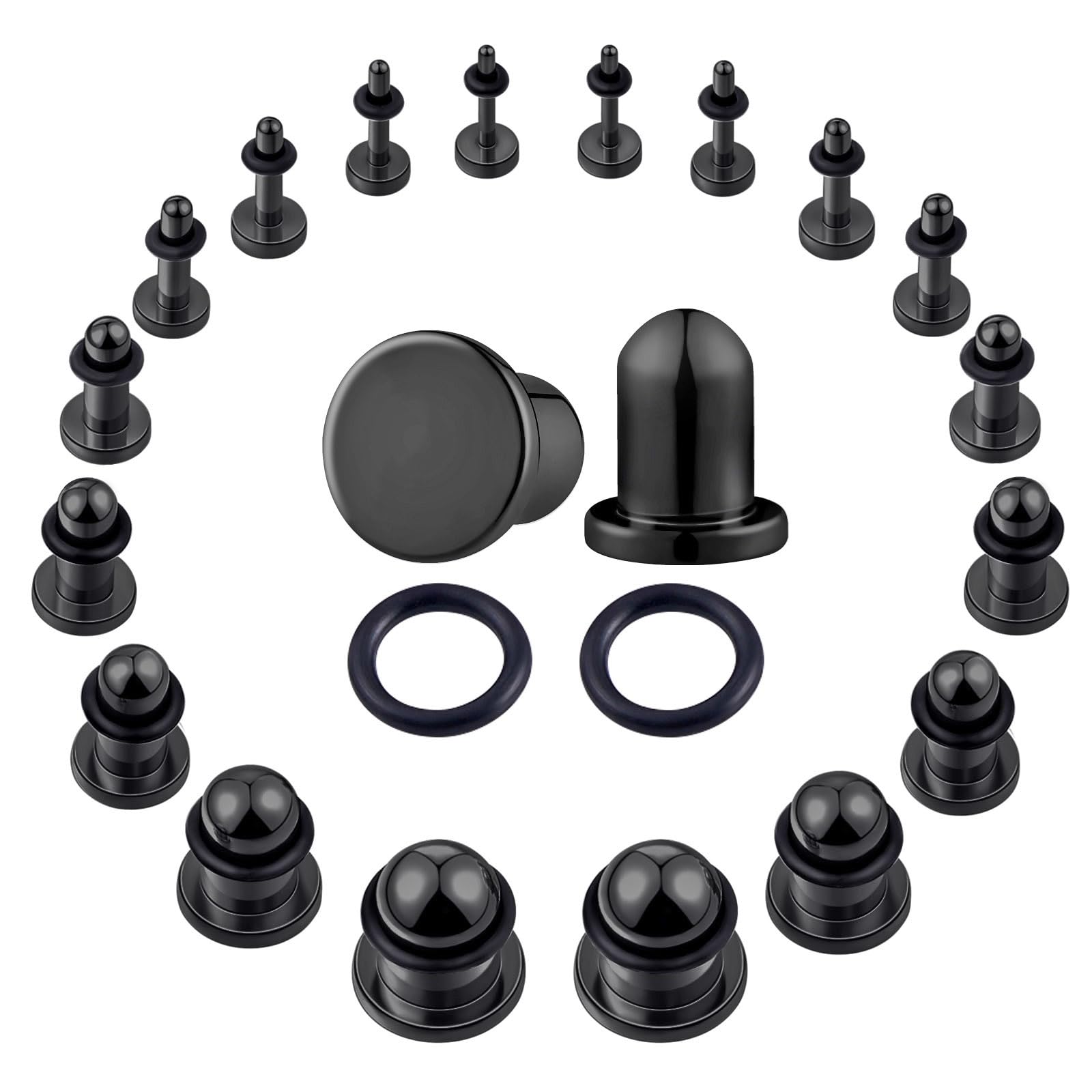 Beautidots 18Pcs 14G-00G Ear Gauges Stretching Kit Stainless Steel Plugs With Rubber Rings Short Taper Expander Set for Men Women