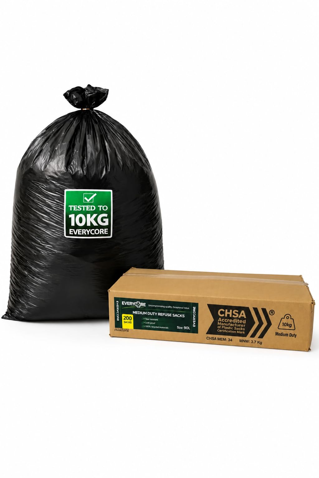 Everycore -10KG Strength Tested. 90L, Black Bin Bags, Medium Duty, CHSA Accredited Refuse Sacks, 200 Bulk Value Pack, Reliable Strong Sacks for Kitchen, Office & Commercial Waste (Everycore 10KG)