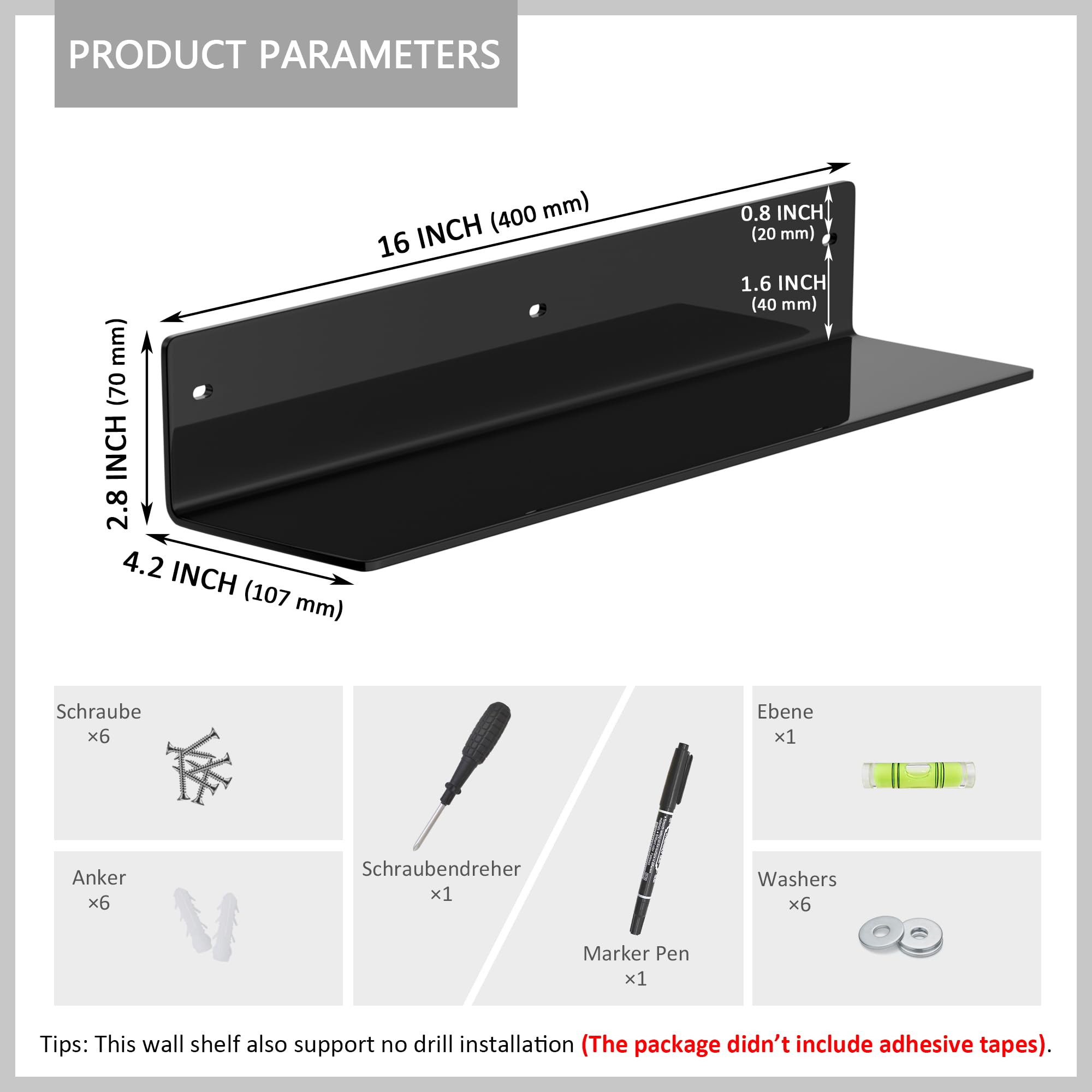 Sezanrpt 16 Inches Black Acrylic Wall Shelves 2 Pack, L Shape Floating Shelf, Acrylic Corner Shelf for Model Car Candle - Image 2