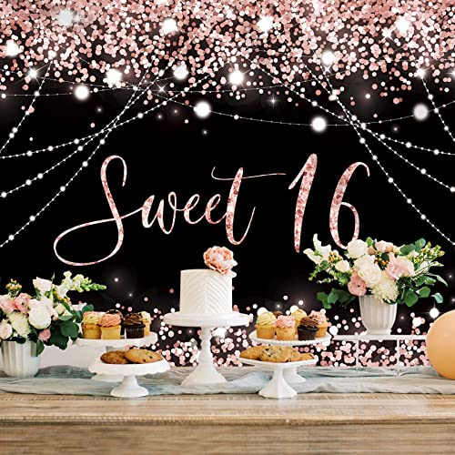 Fondo para fiesta Sweet 16 en negro y rosa 7x5ft miniatura 3