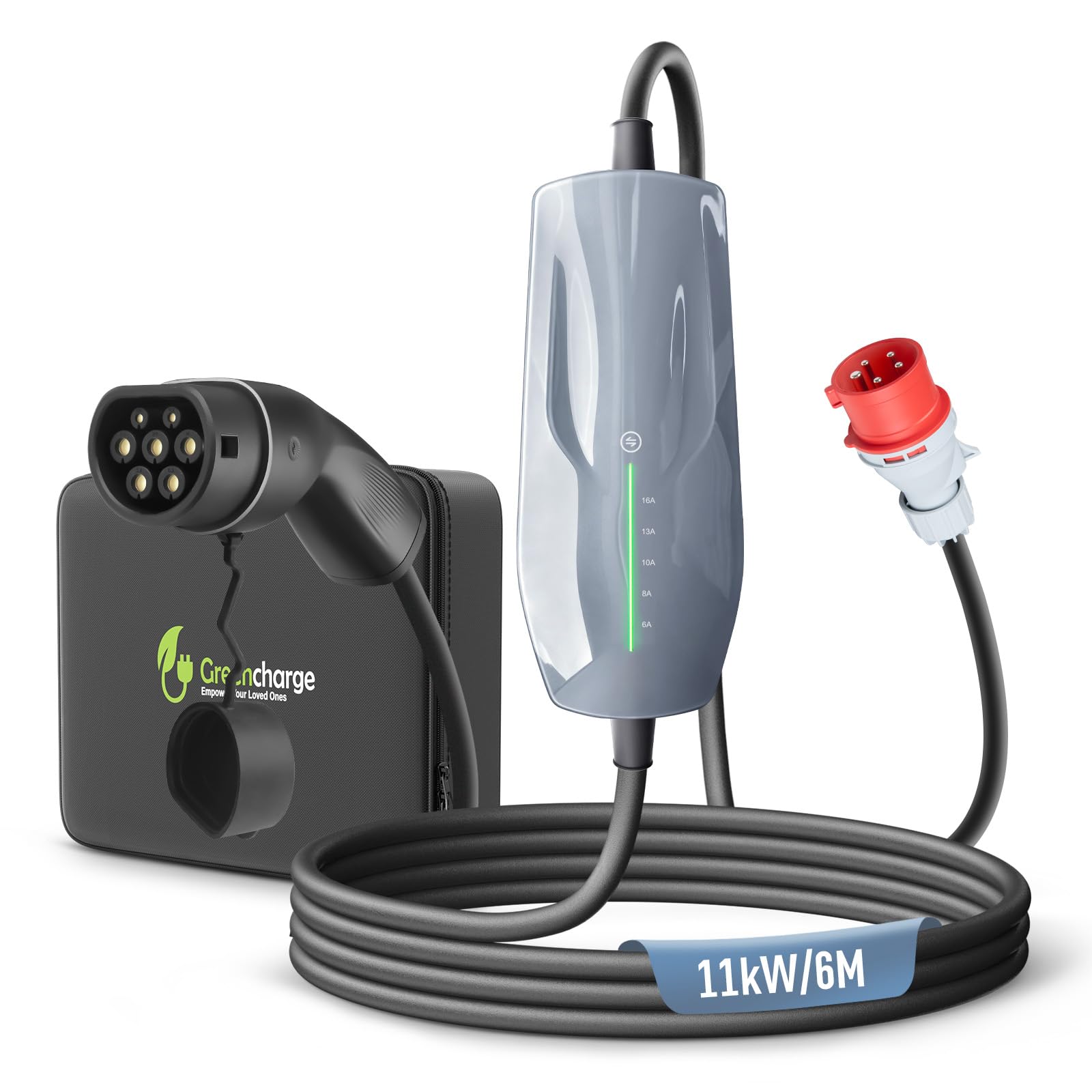 Mobile Wallbox/Ladestation 11kW mit CEE Stecker, 6m | 3-phasig | 6-16A | Typ 2 Ladekabel EV Ladegerät für Allen EVs & PHEVS, IEC 62196-2, IP66