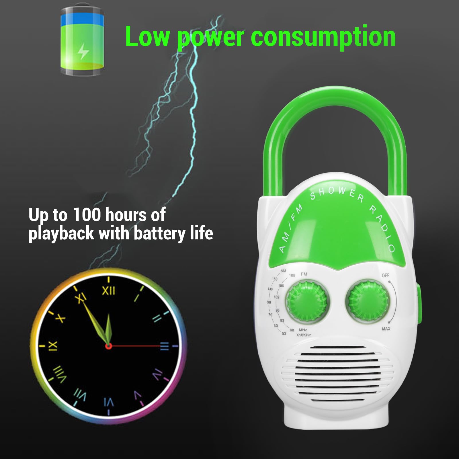 ASHATA Radio de Douche Portable AM ​​/ FM, Radio de Salle de Bain Suspendue avec Haut-Parleur intégré, Volume Réglable, Batterie Fonctionnant pour la Cuisine, Extérieur