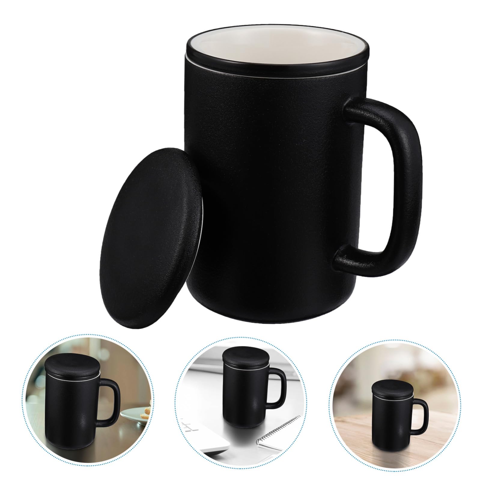 Keramik Teebecher 400ml mit Sieb und Deckel in Schwarz