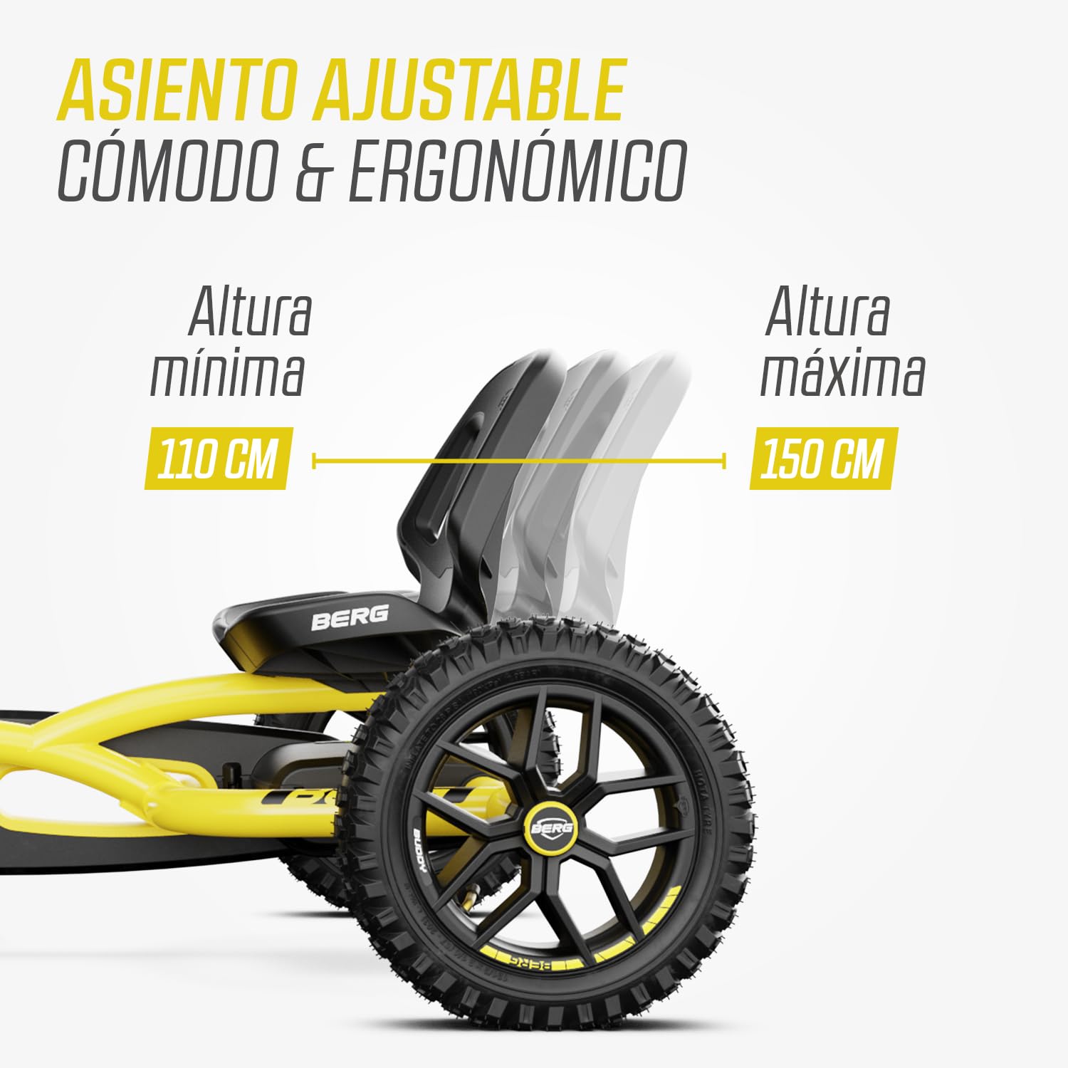 BERG Kart a Pedales Buddy Cross | Amarillo, 3-8 años, cuadro resistente, asiento regulable, volante regulable