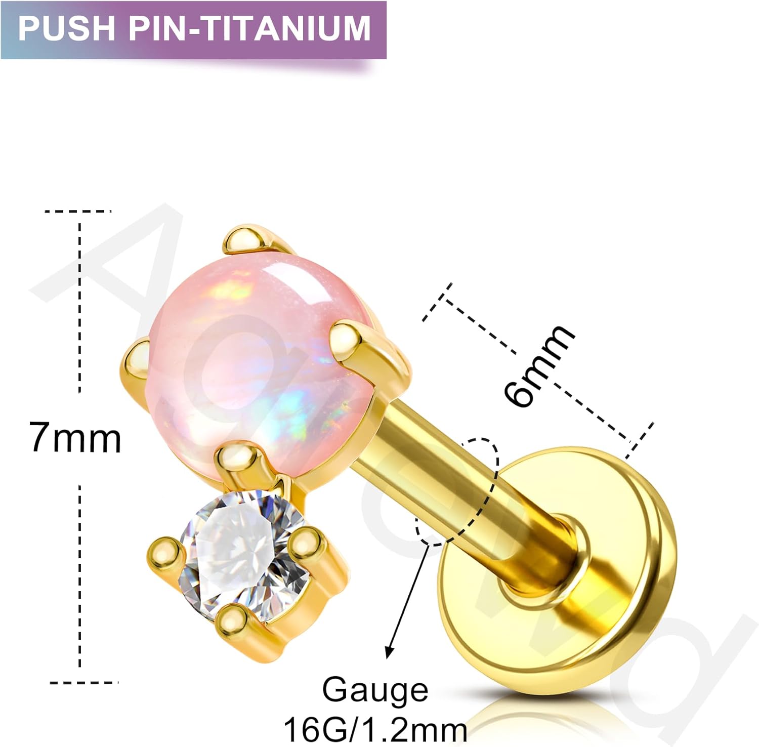 Pink Opal Titanium Cartilage Earrings Stud 16G Gold Plated Helix Tragus Earrings for Women Push In Flat Back Earrings 6/8MM - Image 4