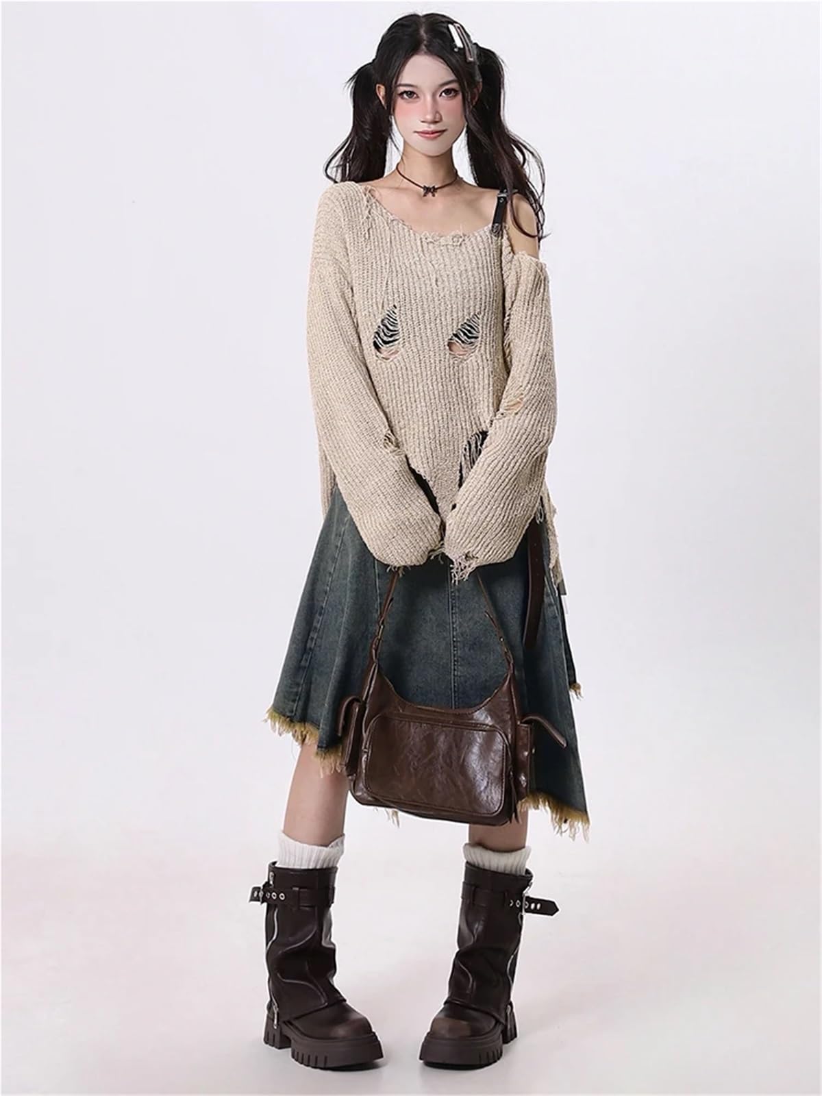 Gonna longuette da donna estiva irregolare in denim a trapezio