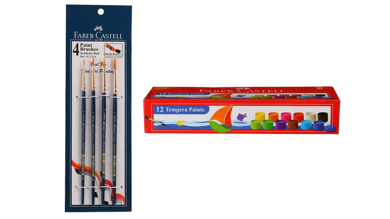 Faber-Castell Tempera Paint 12 Colours and 4 Round Brush (Assorted) Synthetic Hair