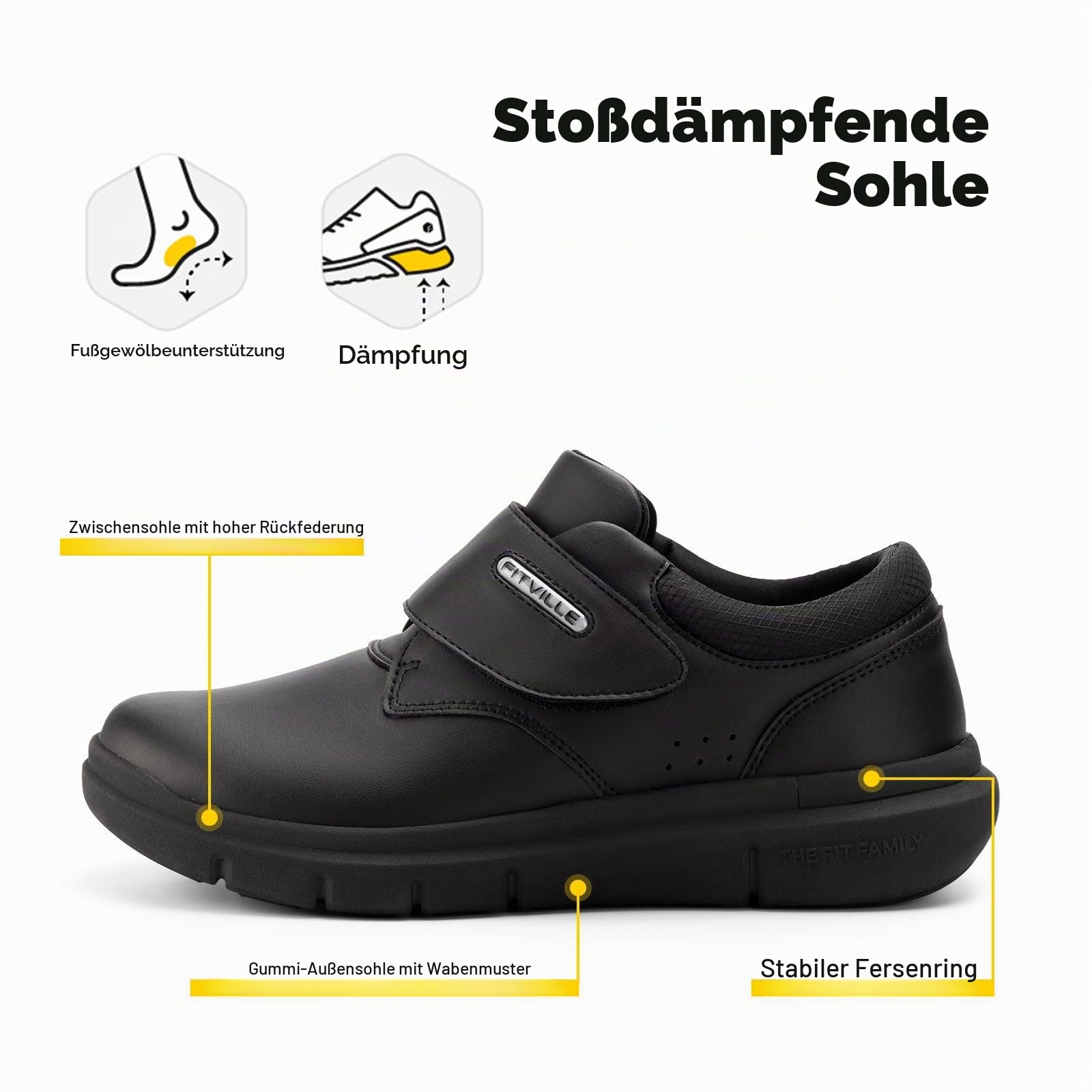 FitVille Weite Lederschuhe mit Klettverschluss Herren Business Casual Verbandschuhe Gesundheitschuhe Freizeitschuhe Bequeme Sneaker Walkingschuhe Büro EasyTop V4