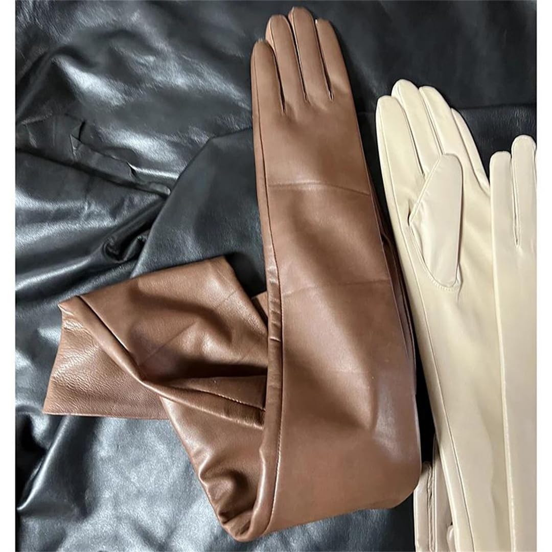 Lange Handschuhe aus echtem Leder, Unisex, weiches Schaffell, mit Fleece gefüttert, elegant, warm, Winter, modische Handschuhe, Braun, Größe XL, 65cm women thin
