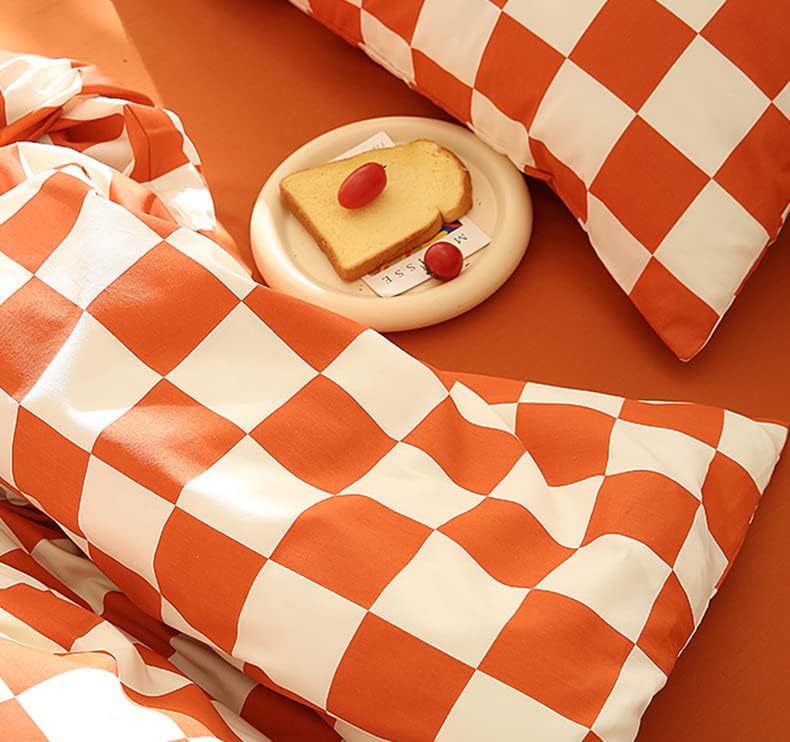 Image of KAREVER Orange White Grid Comforter Set Full Burnt Orange Plaid Bedding Set Girls Reddish White Checkered Bed Blanket Set Kids Breathable Durable Bedding Comforter Set