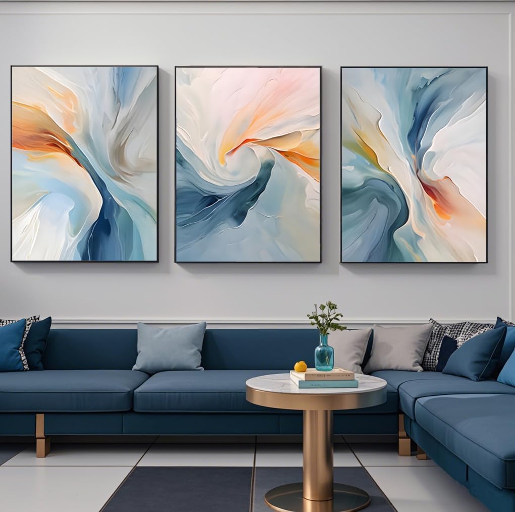 VARUFLY Large Modern Abstract Wall Art Set of 3, Blue and Orange Swirl Extra Big Canvas Prints for Living Room, Framed Ready to Hang for Office, Bedroom Wall Decor 24“X 32”
