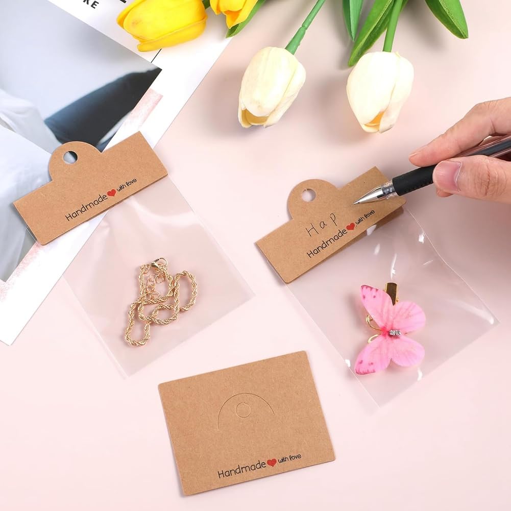 100 Biglietti Per Orecchini A Cuore In Carta Kraft Con Sacchetti Trasparenti E 200 Chiusure In Silicone - Kit Espositori Per Gioielli Fai Da Te