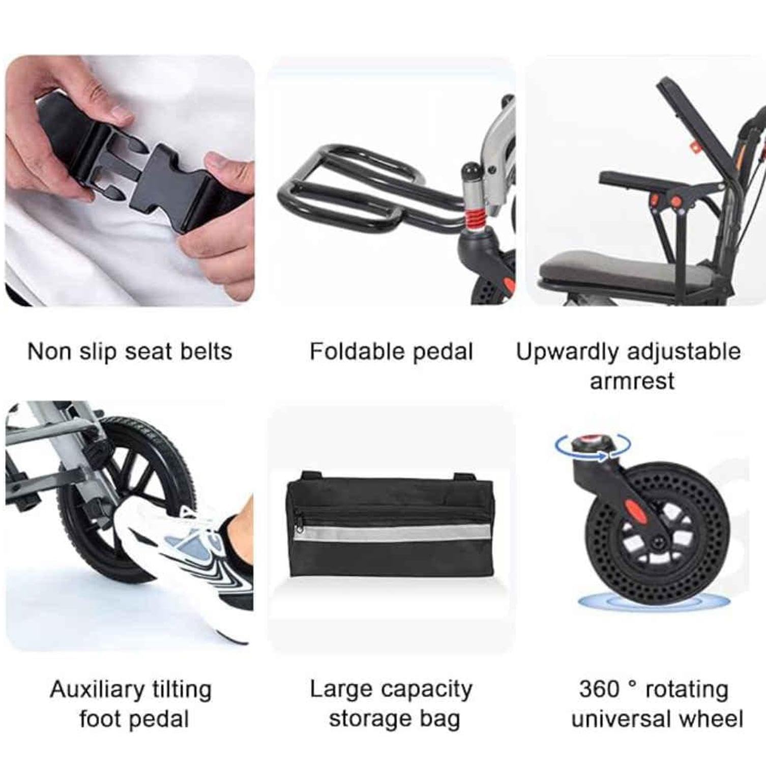 Sedia a rotelle Pieghevole Ultra Leggera, Sedia a rotelle per Trasporto Multiuso per Adulti, Sedia a rotelle per Viaggi Portatile per Anziani, Peso 10.5KG,Black