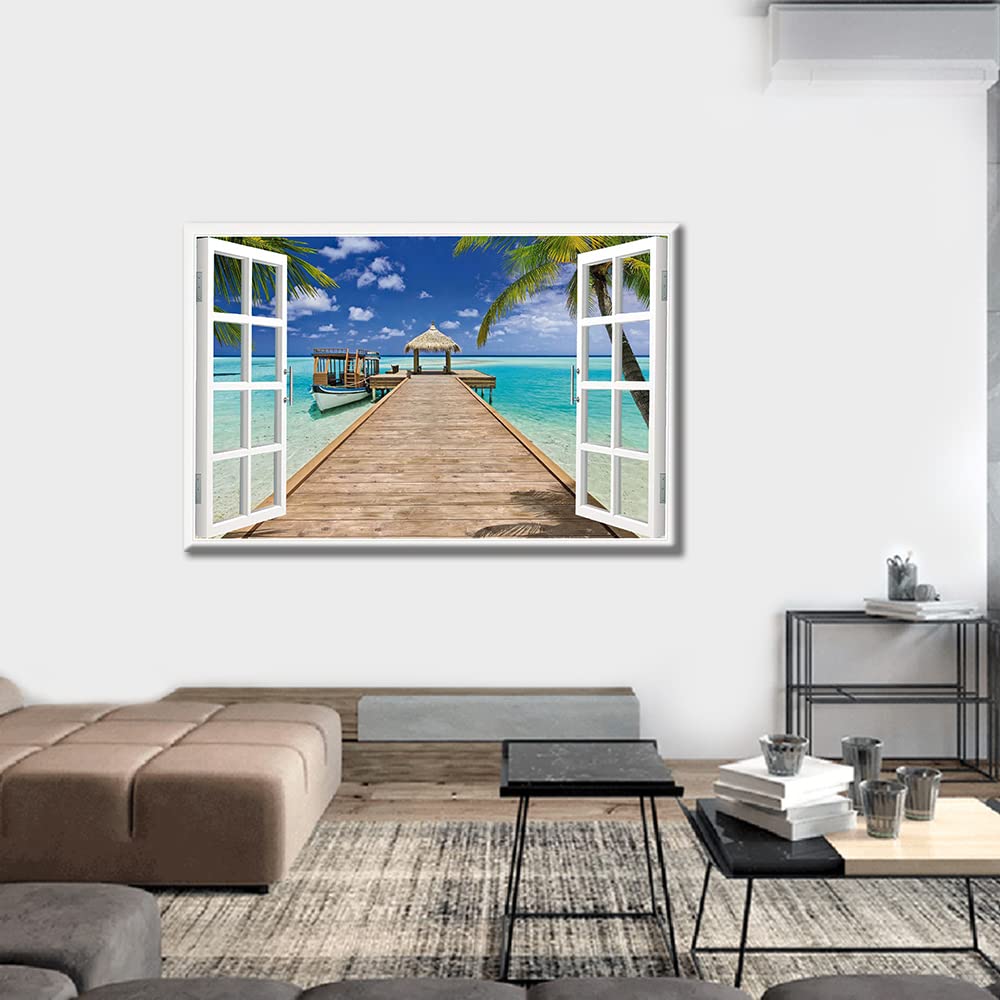 TISHIRON 3D Window Effect Seaside Coconut Tree Canvas Wall Art for Living Room Family Wall Decor Hang Pictures Wall Paintings Kitchen Office Canvas Art Prints Home Decor 16x24inch - Image 2