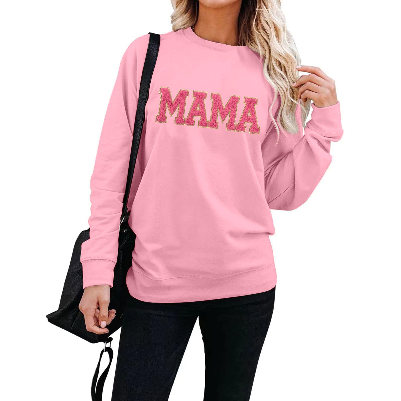 SUPEYAMama Sweatshirt Womens Glitter Patch MAMA Shirt Mama Letter Print Long Sleeve Loose Fashion Pullover Top