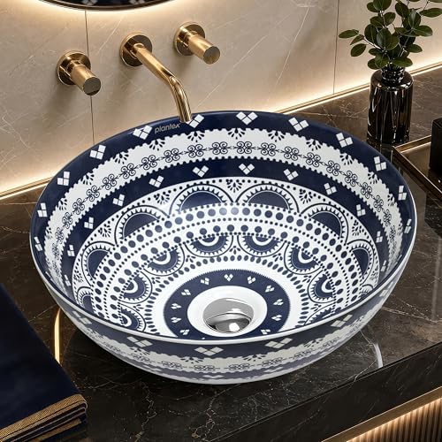 Image of Plantex Designer Ceramic Basin /Table Top Wash Basin for Bathroom /Round Countertop Vessel Sink Basin for Home /Restaurant (White Art, 16 x 16 x 6 Inch)