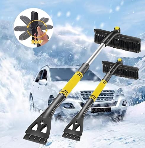 Raschietto per Ghiaccio, Snow Brush Scraper di Ghiaccio 3 in 1, Rimovibile, Raschietto per Ghiaccio Telescopico con Impugnatura in Schiuma E Spazzola da Neve, Adatta Ad Auto, SUV E Camion, Giallo