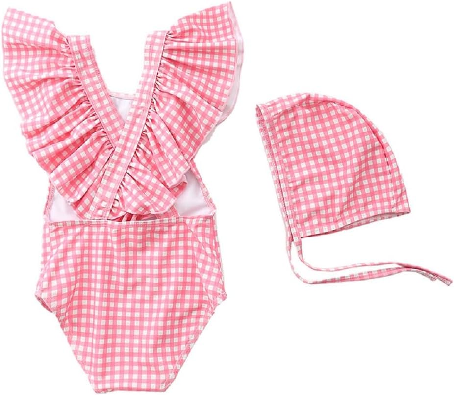 FreeLu Toddler Baby Girl Cross-Back Swimsuit One Piece Flounce Swimwear Summer Bathing Suit with Hat 18M - 6T - Image 3