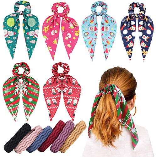 Christmas Scrunchies Hair Scarf 6 Pcs Ribbon Bow Scrunchies, 6 Pcs Satin Elastic Hair Ties Scrunchy Ponytail Holder Scrunchy Hair Bands Vintage Accessories for Women Girls
