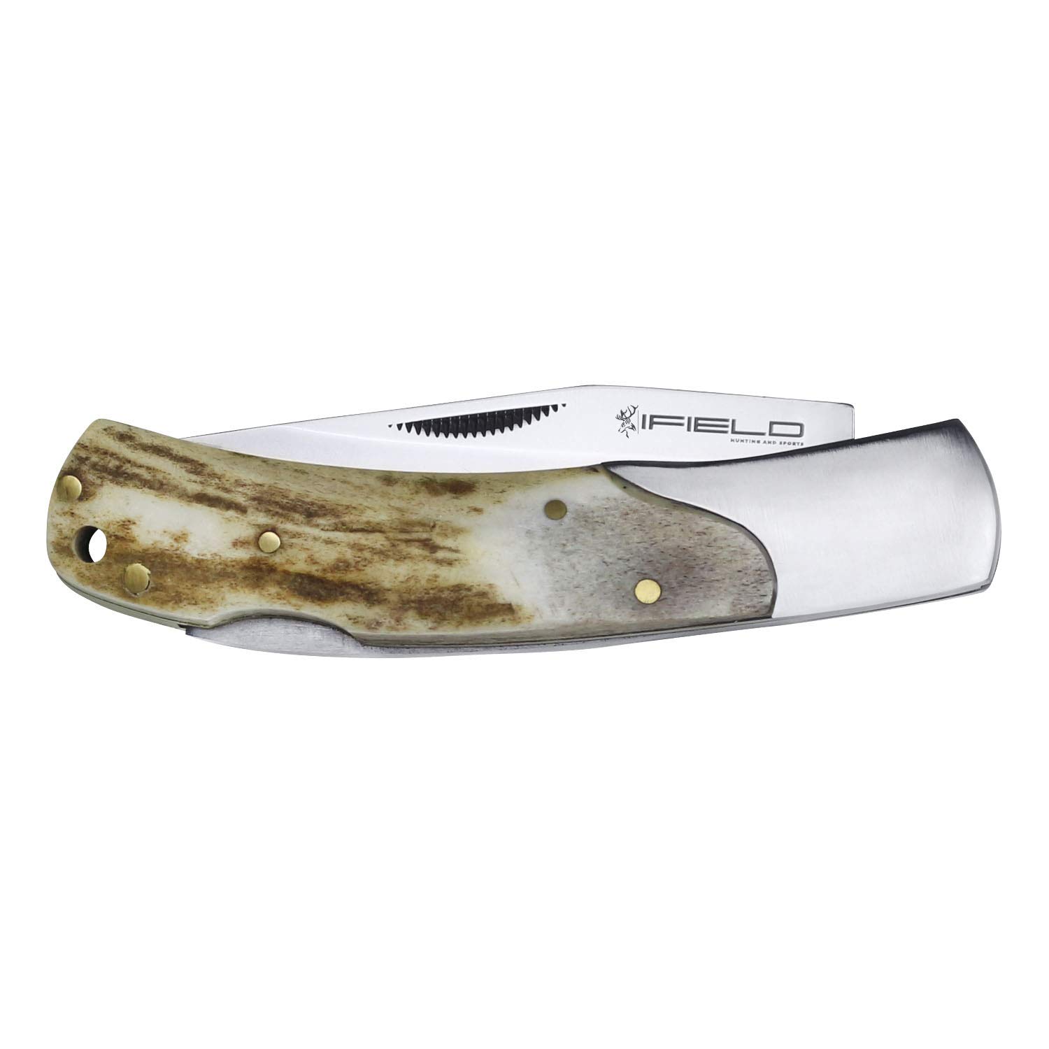iFIELD EL29034 coltello da caccia pieghevole Bushcraft Sopravvivenza Escursionismo Campeggio, lama in acciaio inox con manico in corno di cervo, Made in Albacete (Spagna)