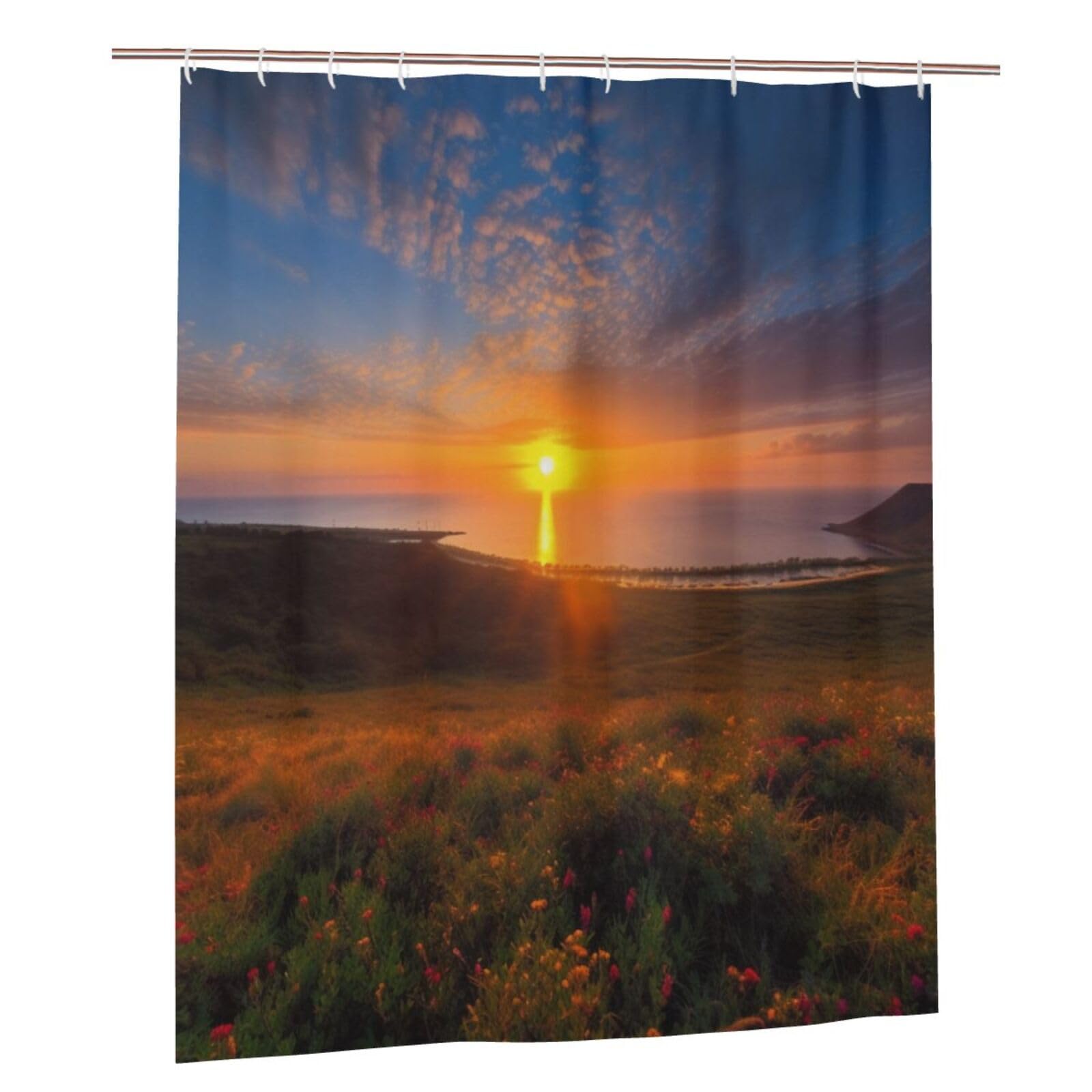 BWWHCCTI Beautiful Sunrise Printed Shower Curtain With 12 Plastic Hooks Opaque Quick Drying Waterproof Shower Curtains Sets For Bathroom 152x183 Cm