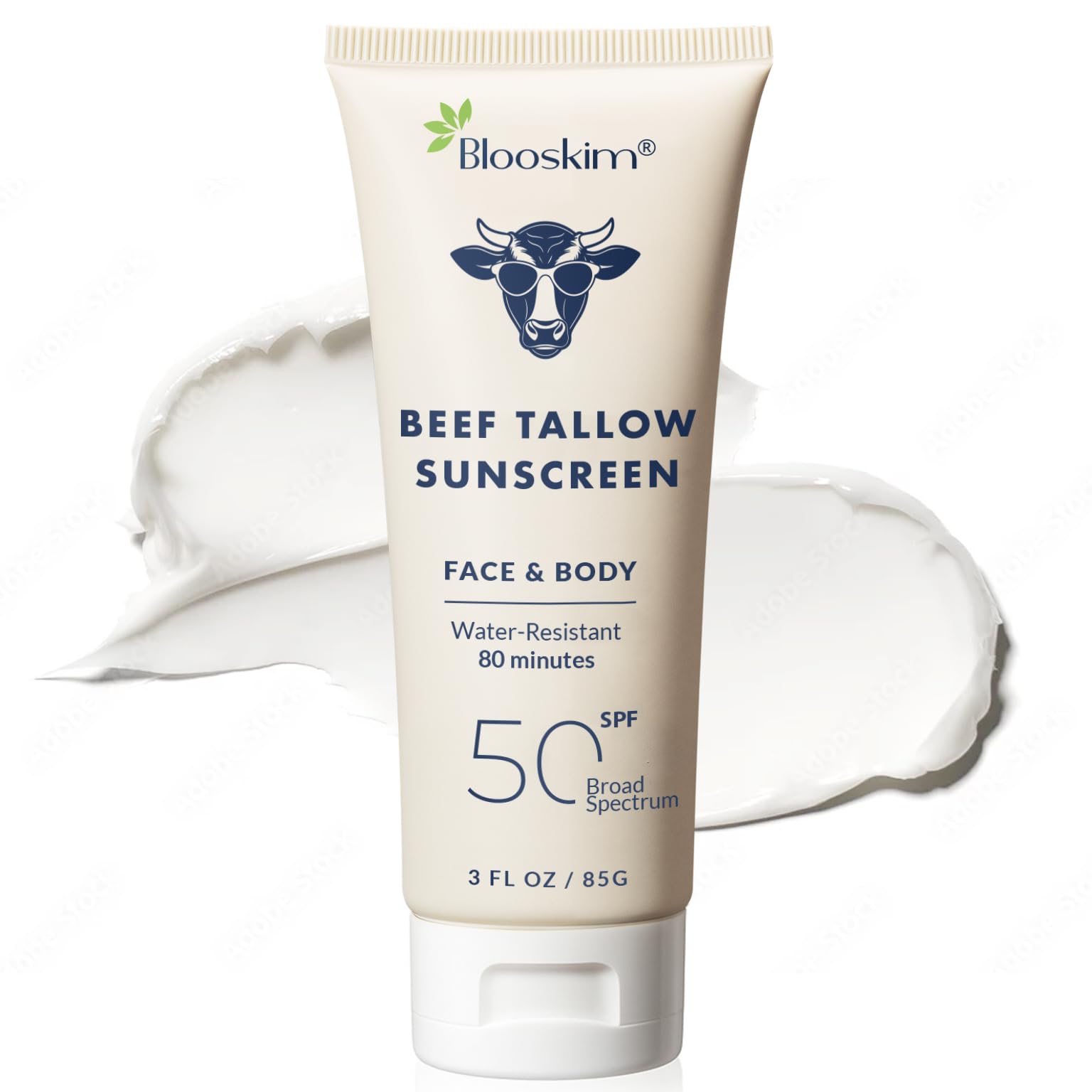 Blooskim Beef Tallow 자외선 차단 SPF 50: 얼굴 및 바디용 천연 탈로우 & 산화 아연 선블록 크림 - 기름지지 않은 포뮬러로 자외선 차단 여성 및 남성용 - 방수 85g(3온스)