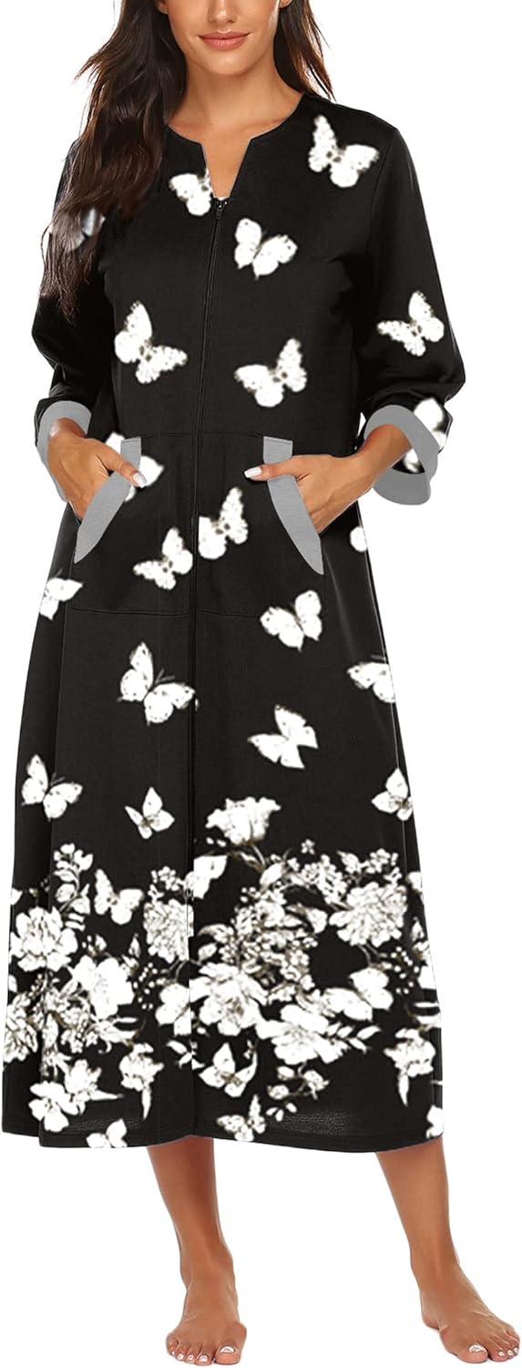 Long loungewear dress with zipper pockets and 34 sleeves