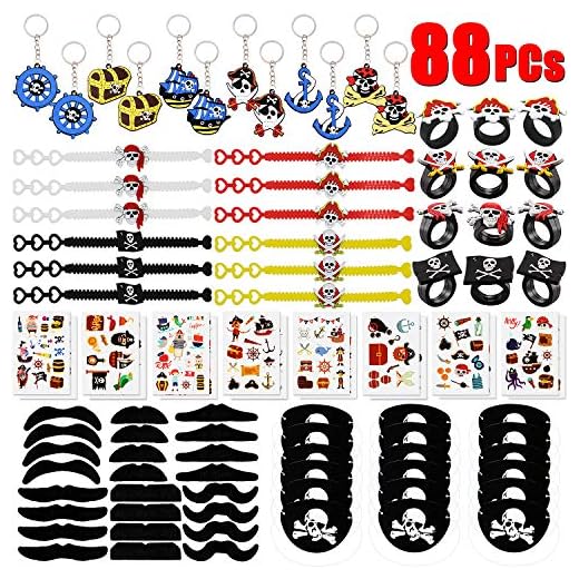 BabyCareV 88Piezas Pirata Cumpleaños Party Accesorios Pirata Llavero Pirata Pulsera Pirata Anillo Parches de Ojo de Pirata Pirata Bigote para Favores de Fiesta de Halloween Navidad y Niños