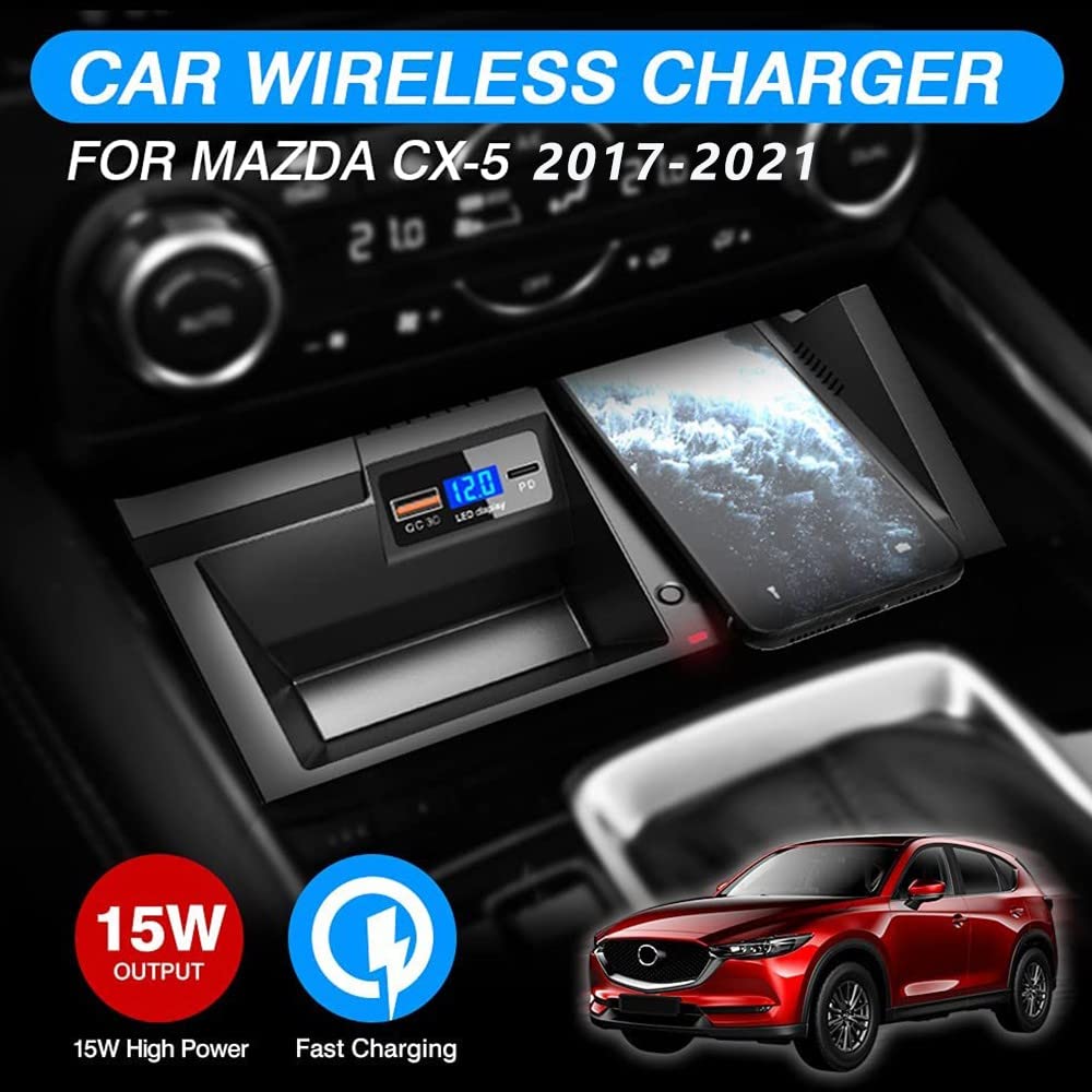 2022 Upgrade Kabelloses Ladegerät Auto Kompatibel mit Mazda CX5 CX-5 2017 2018 2019 2020 2021 Center Console-Zubehörfeld, 15W Wireless Schnell-ladegerät für iPhone 12/11/X Samsung S20/S10