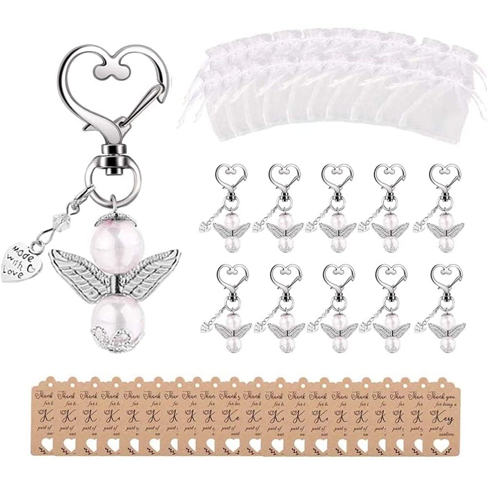Bomboniere Portachiavi Angelo Custode 20 pezzi con sacchetti in seta e bigliettini 'Grazie' per Matrimonio, Battesimo, Comunione, Baby Shower, Compleanno – Regalo ospiti e decorazione festa –