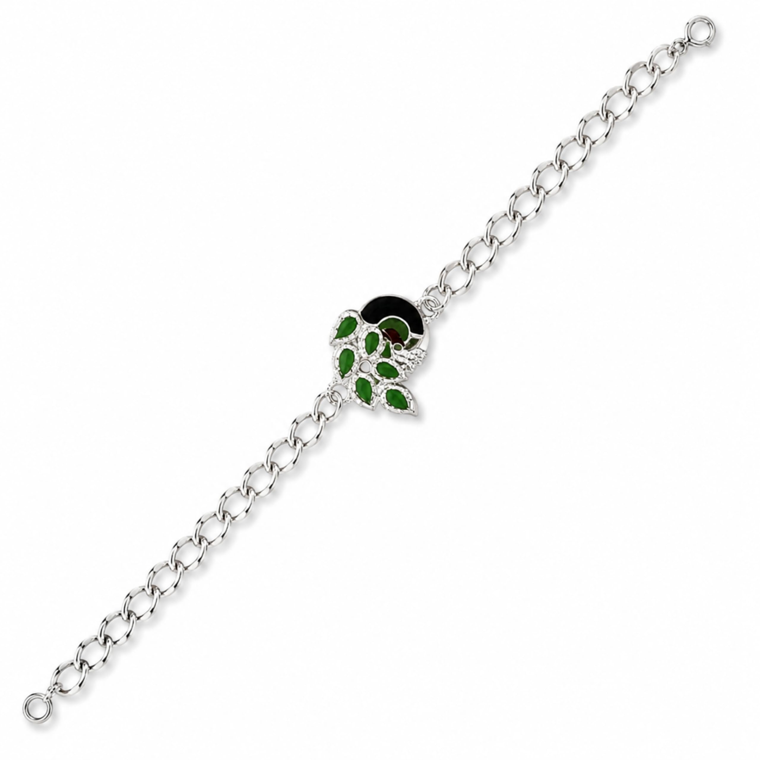 Silver Chain Rakhi Bracelet with Green and Black Enamel Peacock Charm, Elegant Style-image-16