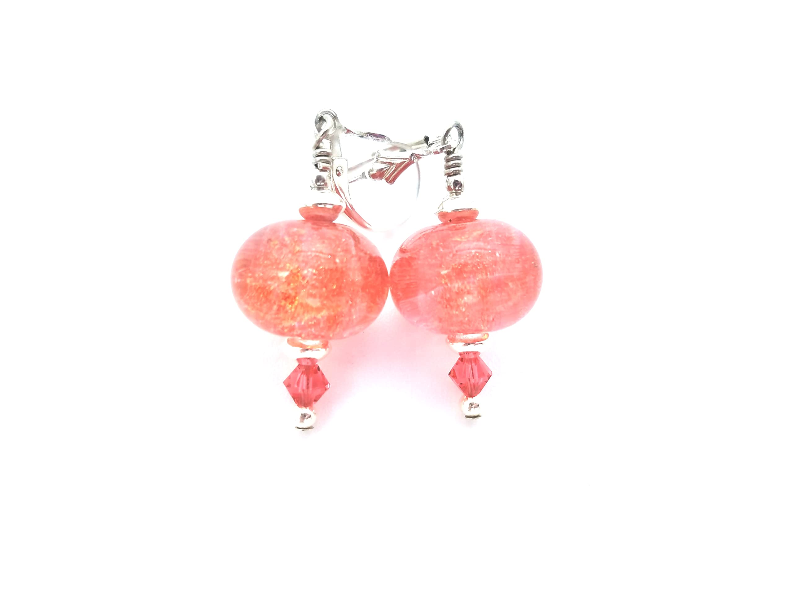 Sparkling Dichroic Coral Bead Earrings with High Quality Crystals and Sterling Silver Accents and Leverback Ear Wires