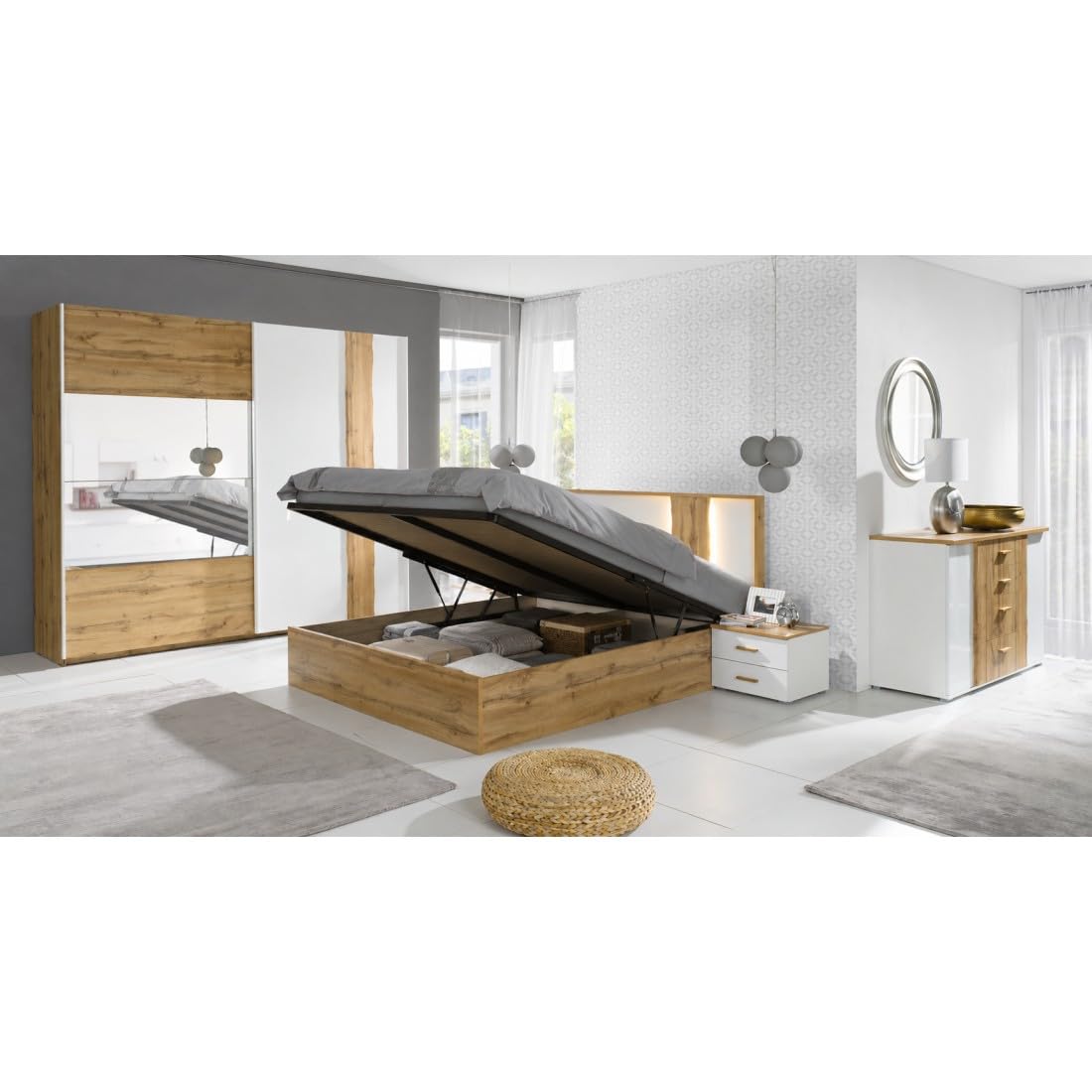 Meublorama Habitación Wood en Colores Roble y Blanco con Cama con LED y Compartimento de Almacenamiento, cómoda, mesitas de Noche y Armario.