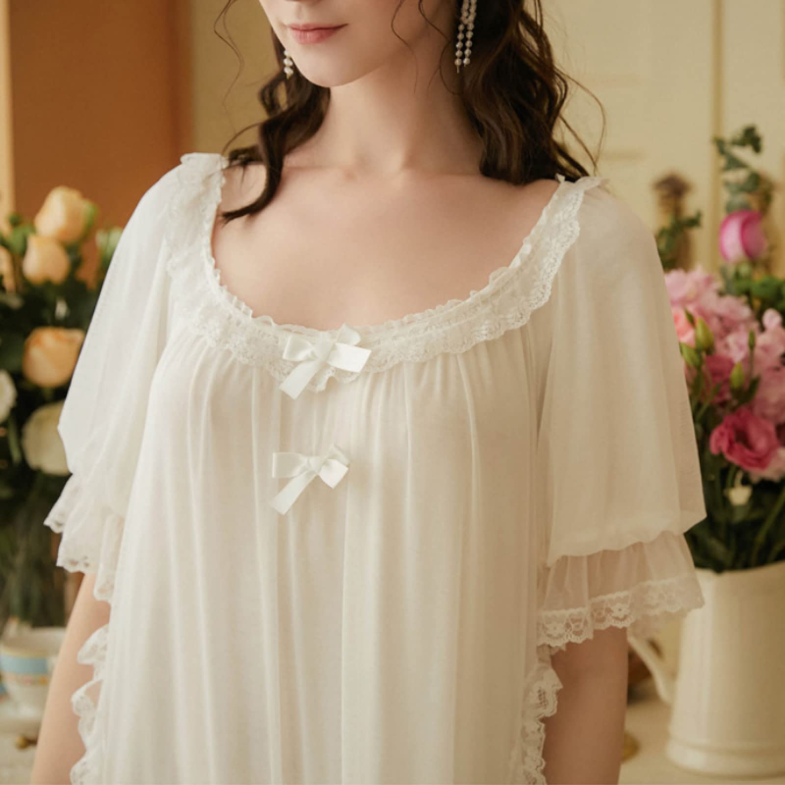 YAROVA Damen Nachthemden - Langes Nachtkleid Frauen Mesh Nachtwäsche Spitze Vintage Nachthemden Nachtwäsche Frühling Sommer Kurzarm Nachthemd Elegante Einfache Hauskleidung