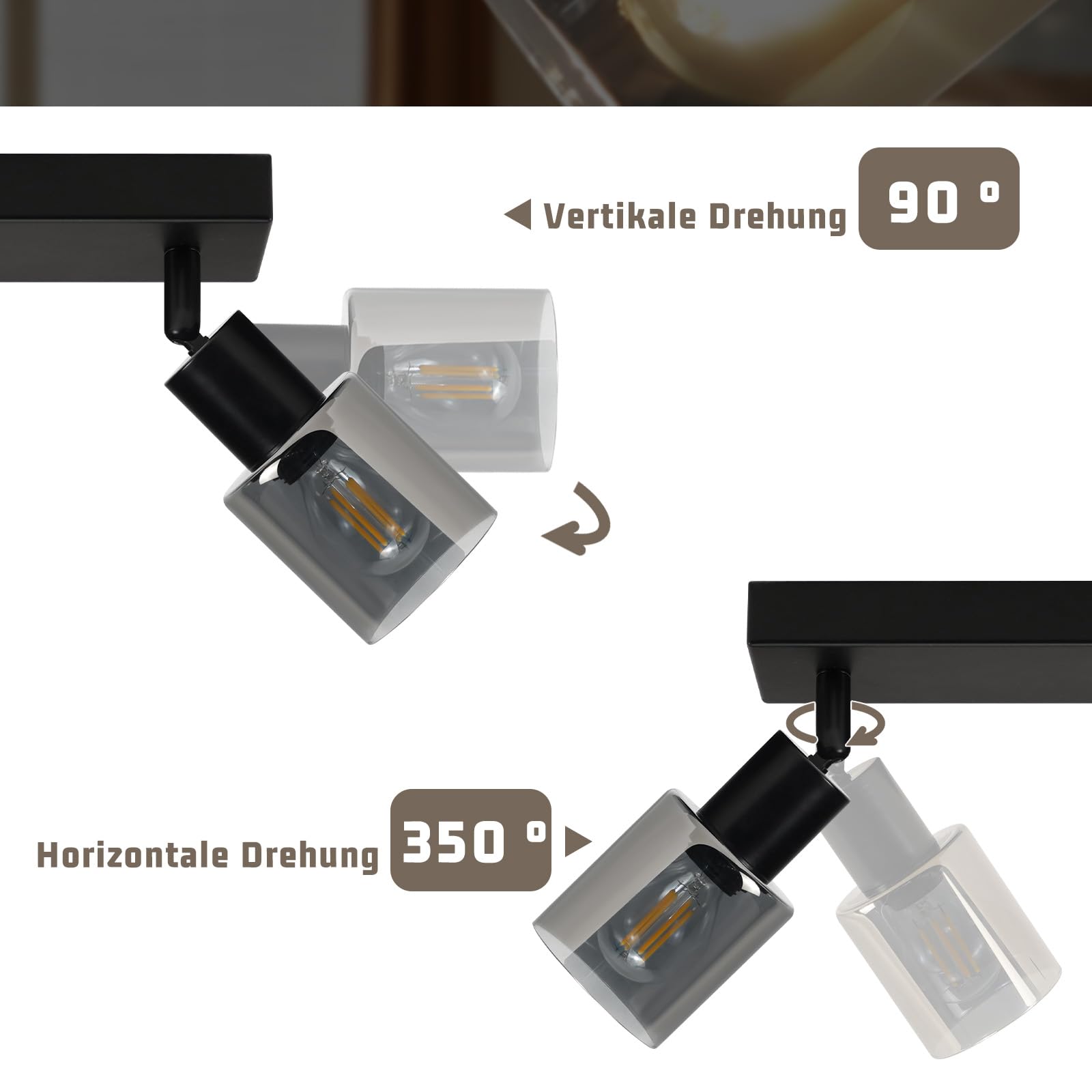 Deckenstrahler 3 flammig Deckenlampe Vintage: Deckenleuchte Schwarz | Schwenkbar Küchenlampe Metall Deckenspots Glas Spotleuchte Wand für Wohnzimmer Flur Küche inkl. 4 × E14 2700K Leuchtmittel