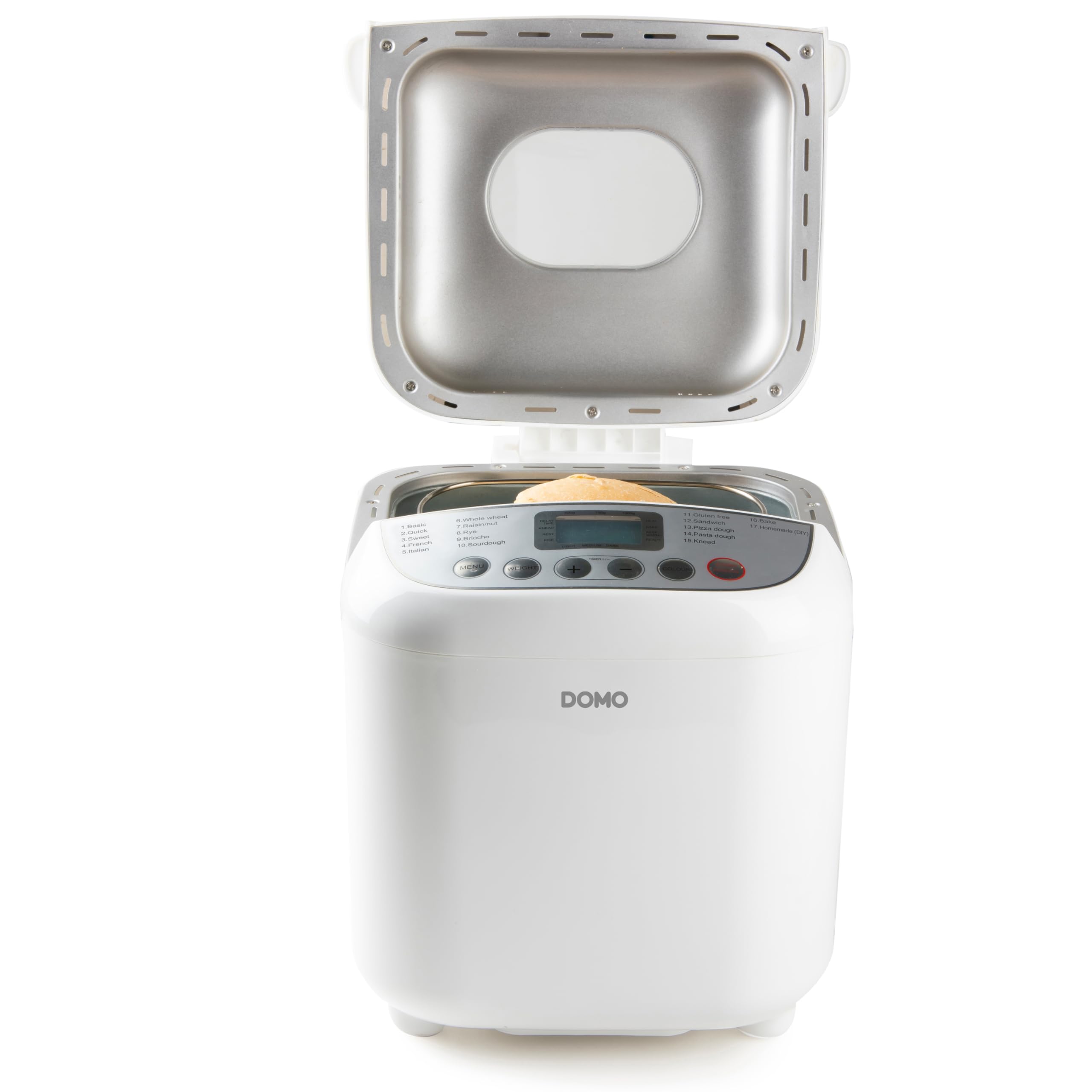 DOMO B3976 Machine à pain – 17 programmes de cuisson (dont Pizza et Sans gluten) – 3 tailles de pain (500 g, 750 g, 1000 g) – Sans PFAS – Avec minuterie – Écran LCD – Blanc