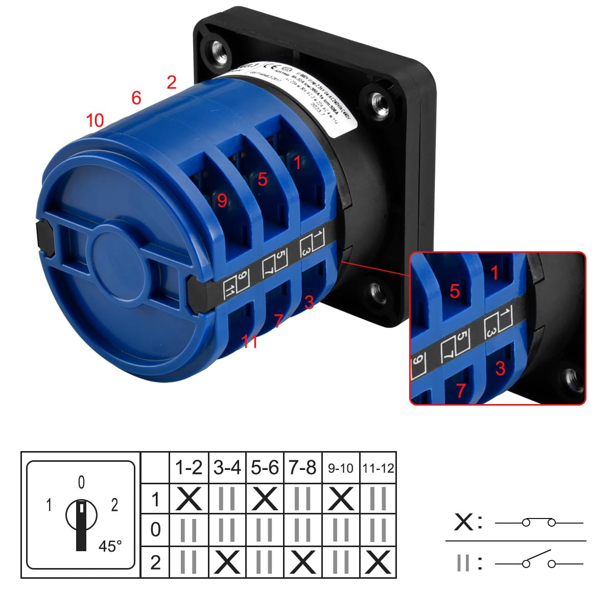 Heschen Interrupteur sélecteur universel à came rotative, LW28-32/B303.3, (ON)-Off-(ON), type momentané, 660V 32A, 3 positions, 3 phases, 12 bornes, CE