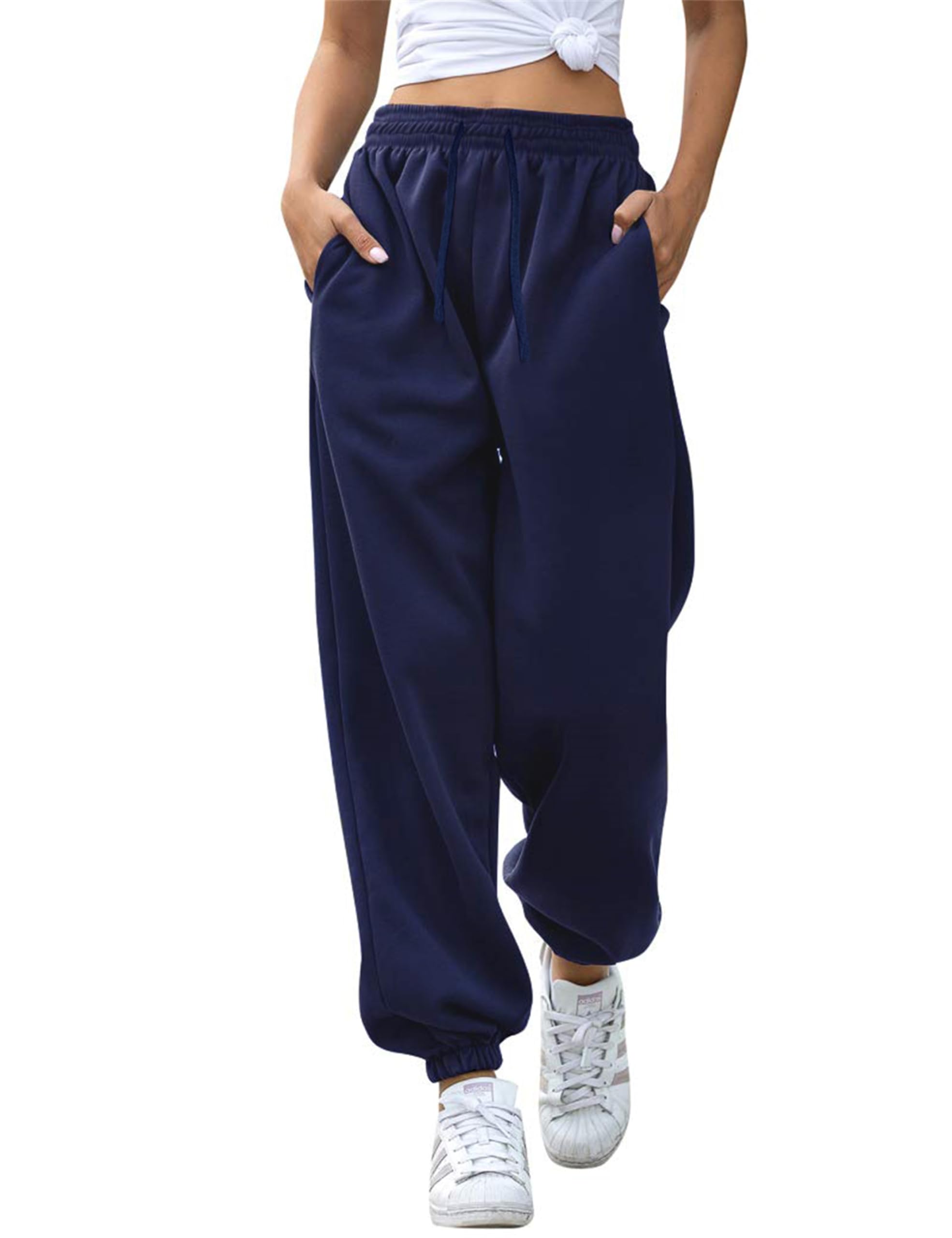 Joggers for Women UK Baggy Sweatpants Casual Tracksuit Bottoms Drawstring High Waisted Trousers Comfy Fleece Lined Pants with Pockets