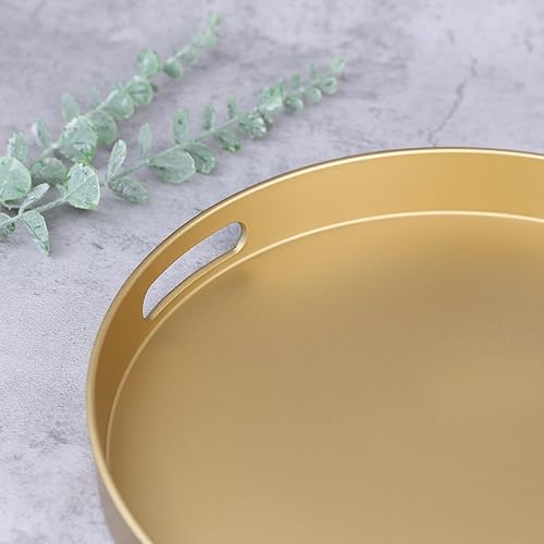 Miniatura 4 de Bandeja decorativa redonda dorada con asas, bandeja otomana versátil de 13 pulgadas para mesa de café, entretenimiento, patio al aire libre, sala de