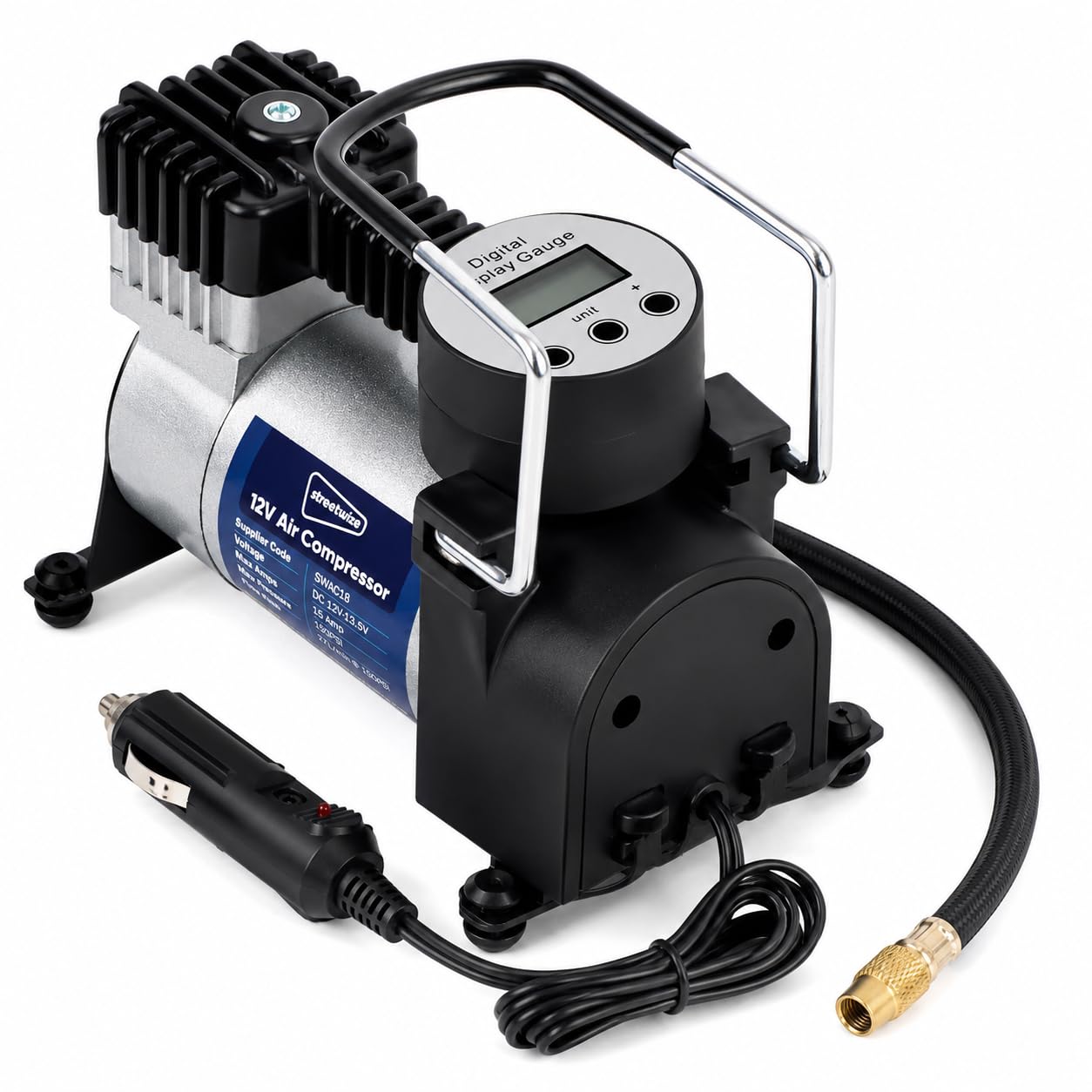 Streetwize - Automatic Cut Off Mistral Metal Air Compressor - 12V - Tyre Inflator, Analogue Pressure Gauge (SWAC18)