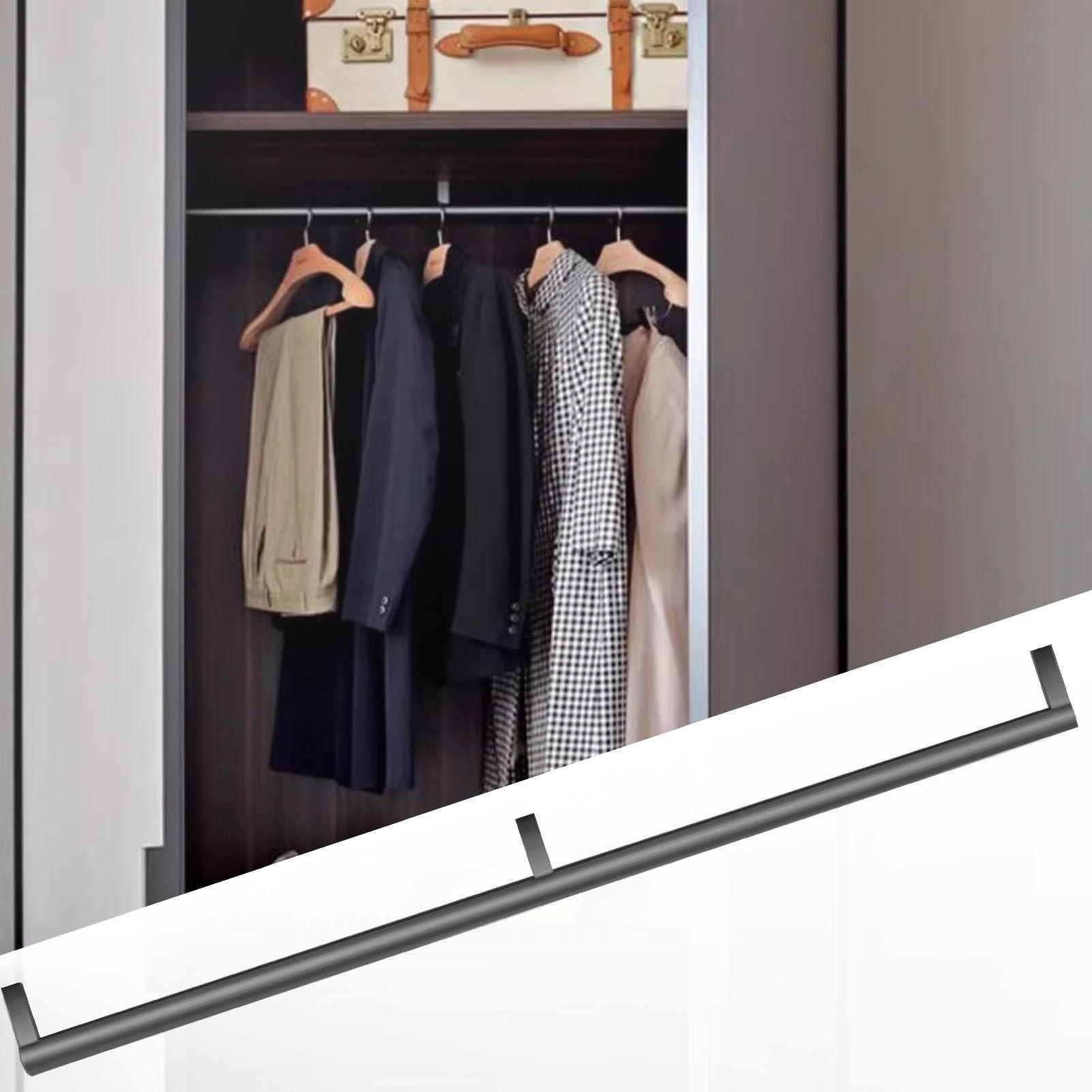 Brushed Texture Closet Pole with End Supports & Center Support, Round Metal Clothes Organizer Wardrobe Bar Rail(Grey,100cm(39 3/8 in))
