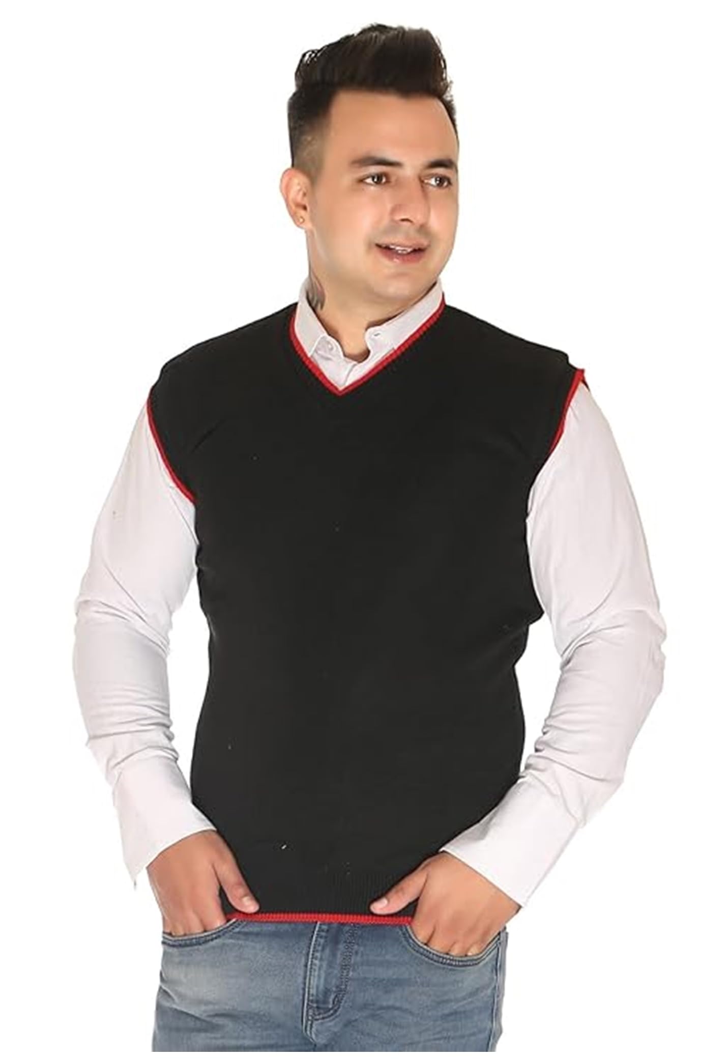 bollywood designer Half Sleeve Men's V-Neck Premium Knitted Woolen Sleeveless Sweater for Men and Boys-picture-27