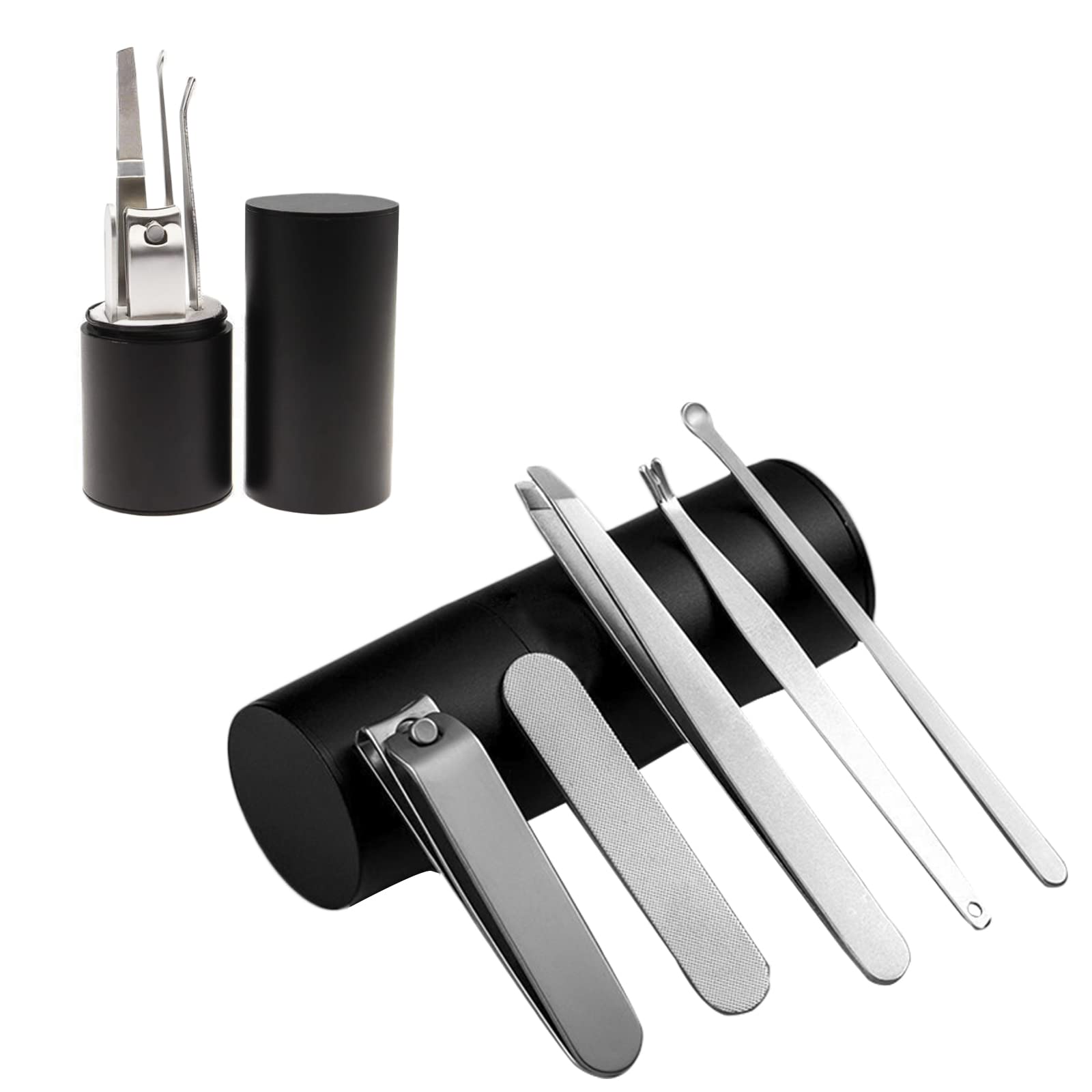 Kit de manucure en acier inoxydable avec coupe-ongles, lime à ongles, repousse-cuticules, pince à sourcils, cuillère d'oreille et étui de voyage, lot de 5 (noir)