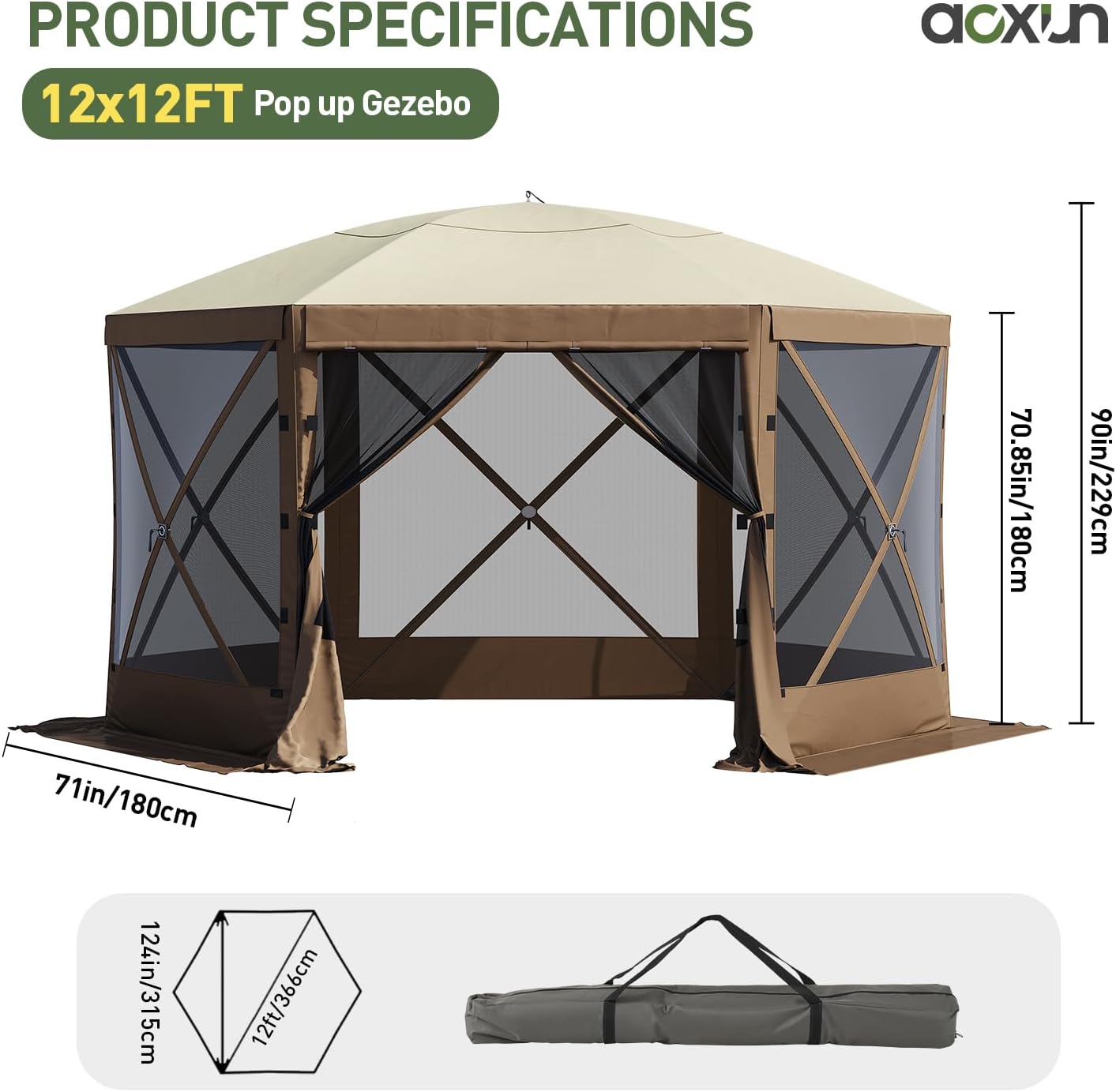 Aoxun 12x12FT Pop Up Gazebo Screen Tent with LED Light, 6-Sided Canopy Tent with Carry Bag and Stakes, Screen House Sun Shelter Tents for Camping, Backyard, Patio, Lawn, Brown
