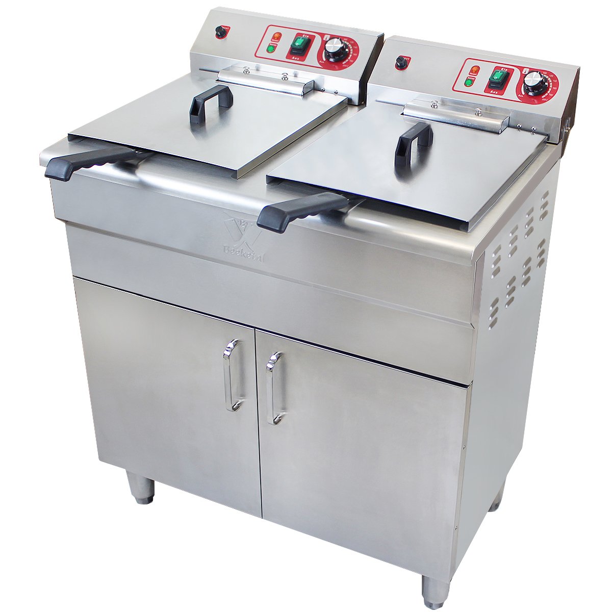 Beeketal 'BSF-320P' Profi Gastro Stand Doppel Fritteuse mit Unterschrank (2 x 16 L Volumen für max. 2 x 11 L Öl) Friteuse mit Fettablaufhahn im Schrank, 2 x 5000 Watt, 400V-50Hz Starkstrom Anschlüsse