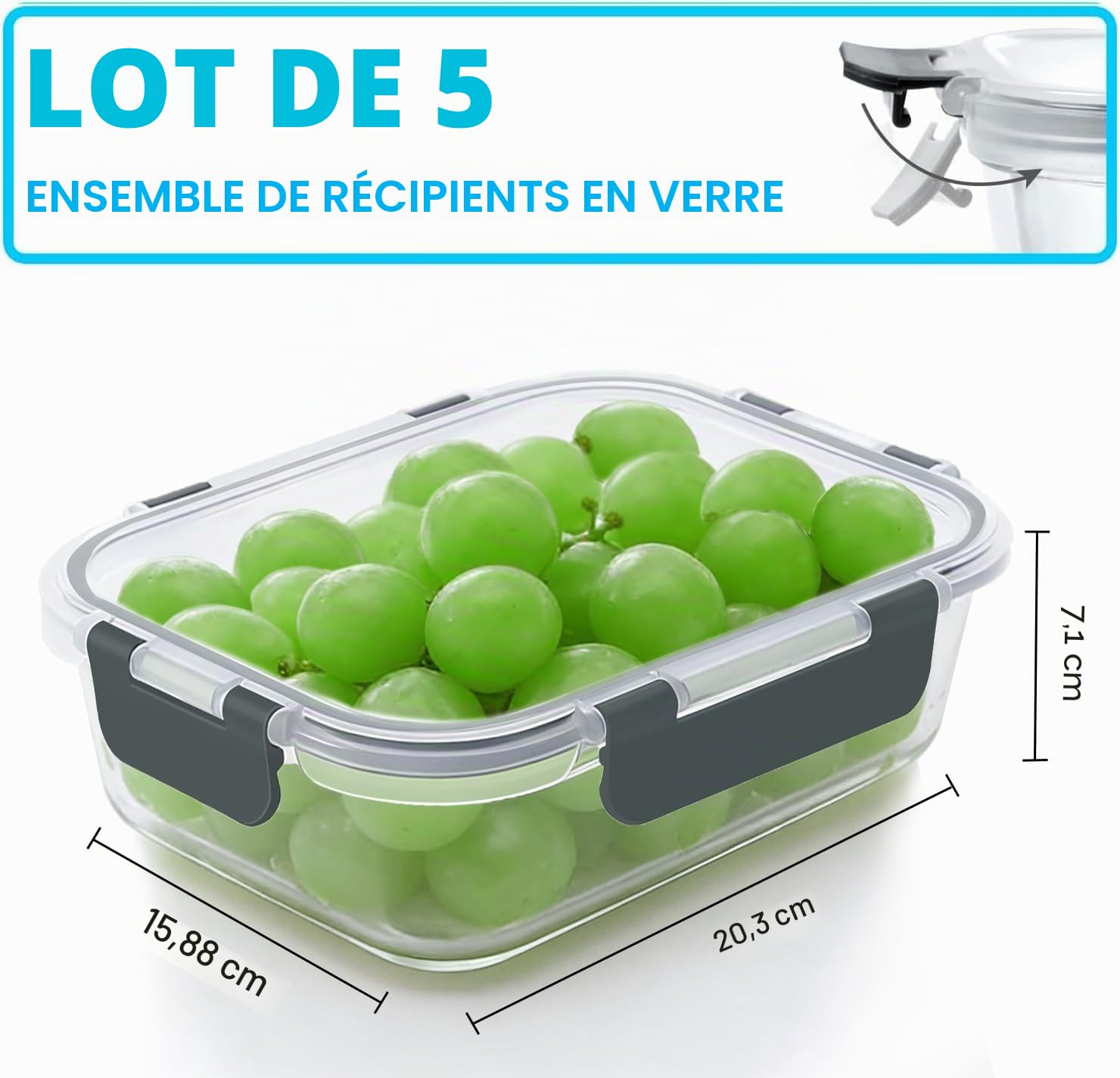 VERONES Lot de 5 récipients hermétiques en verre de 36oz pour la préparation des repas, boîtes à déjeuner en verre avec couvercles, pour micro-ondes, four, congélateur