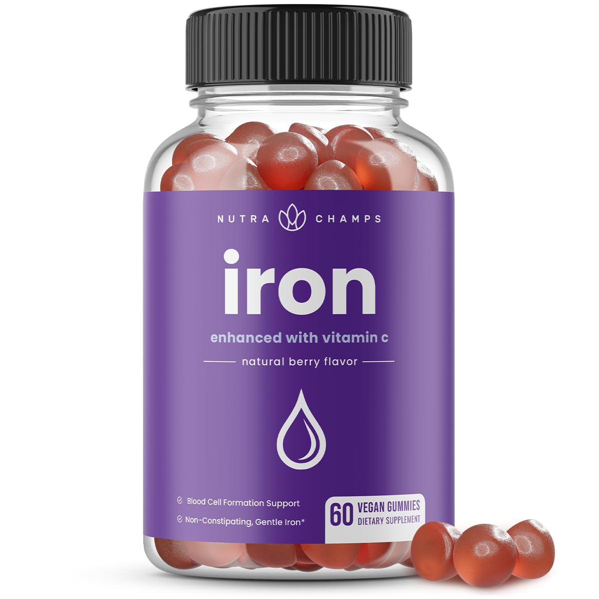 NutraChamps Iron Gummies with Vitamin C - 20mg, Blood Cell Formation Support, 60 Vegan Gummies for Iron Deficiency & Anemia, Energy, Focus, Immune Boost 1